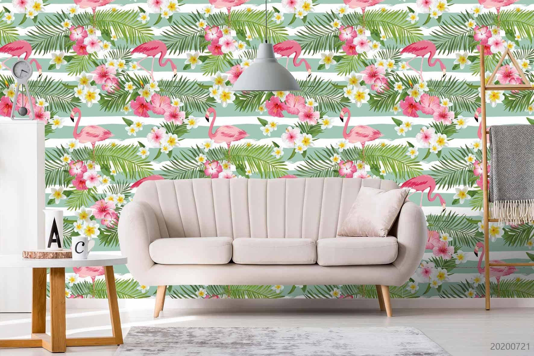 3D Floral Flamingo Stripe Wall Mural Wallpaper LXL 401- Jess Art Decoration