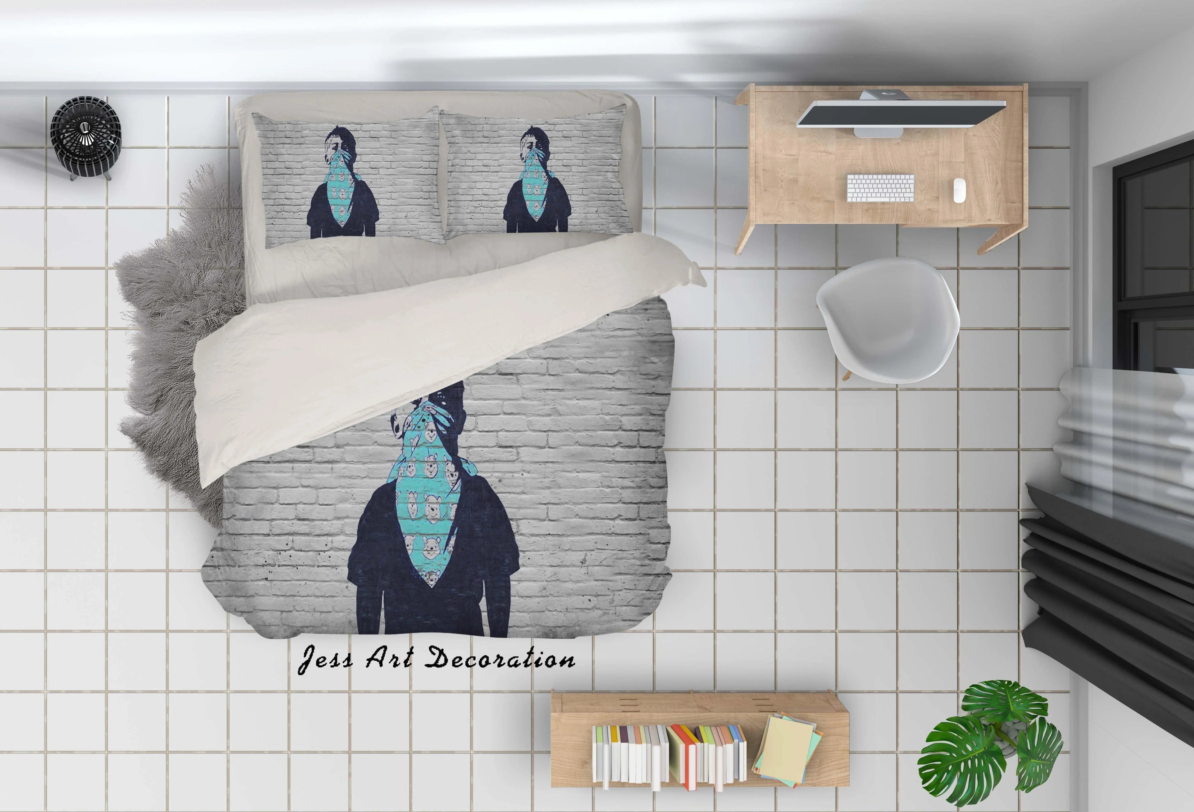 3D Banksy Mural Boy Blue Scarf Bear Pattern Quilt Cover Set Bedding Set Duvet Cover Pillowcases  ZY D115- Jess Art Decoration
