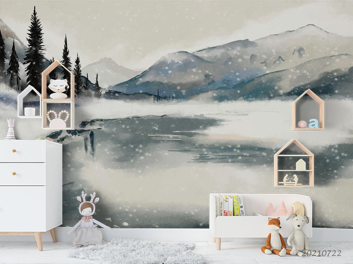 3D Watercolor Winter Mountain Forest Landscape Wall Mural Wallpaper LQH 342- Jess Art Decoration
