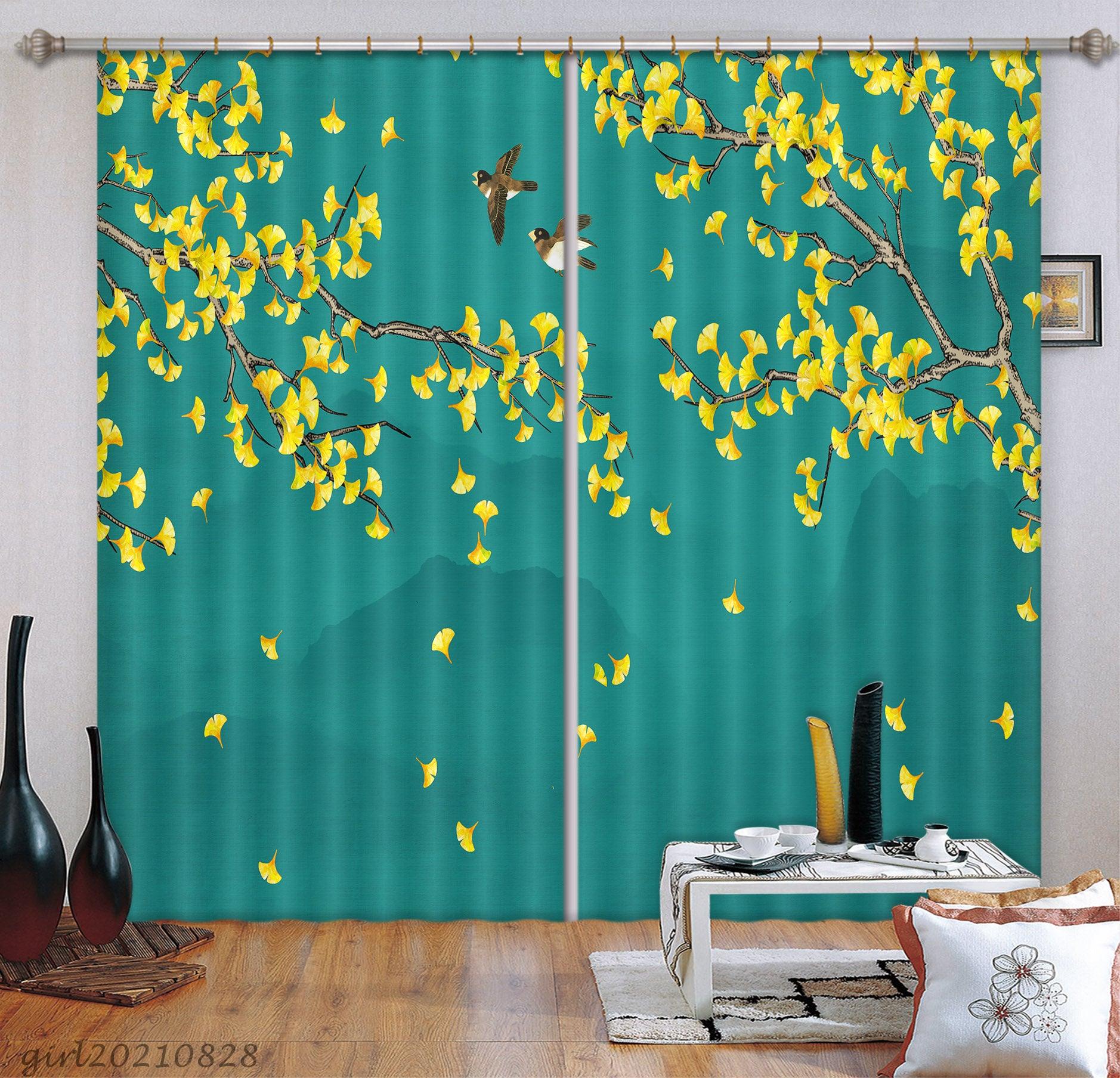3D Yellow Leaf Tree Bird Curtains and Drapes LQH 113- Jess Art Decoration