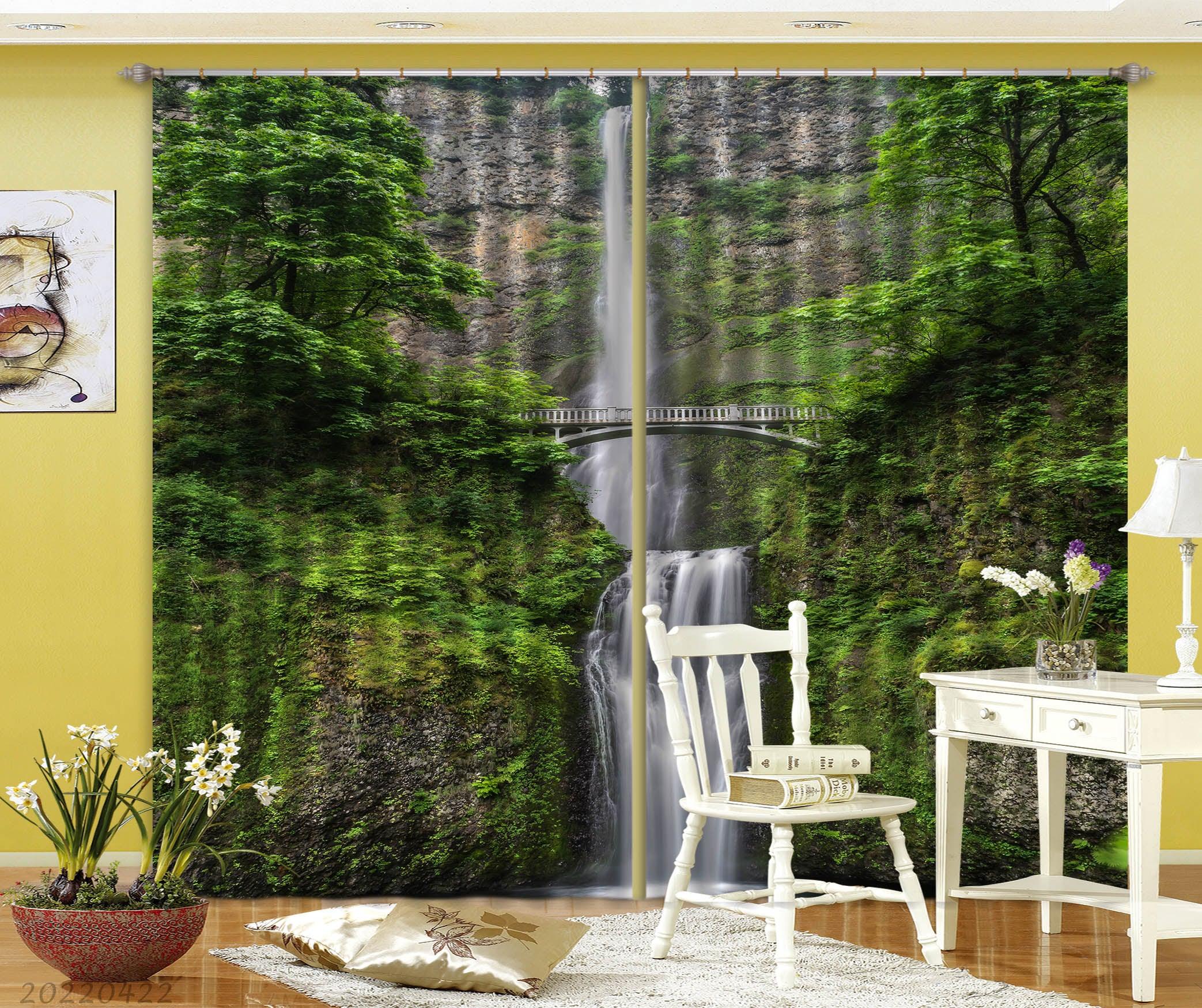 3D Landscape Mountain Waterfall Bridge Green Plant Curtains and Drapes GD 4300- Jess Art Decoration