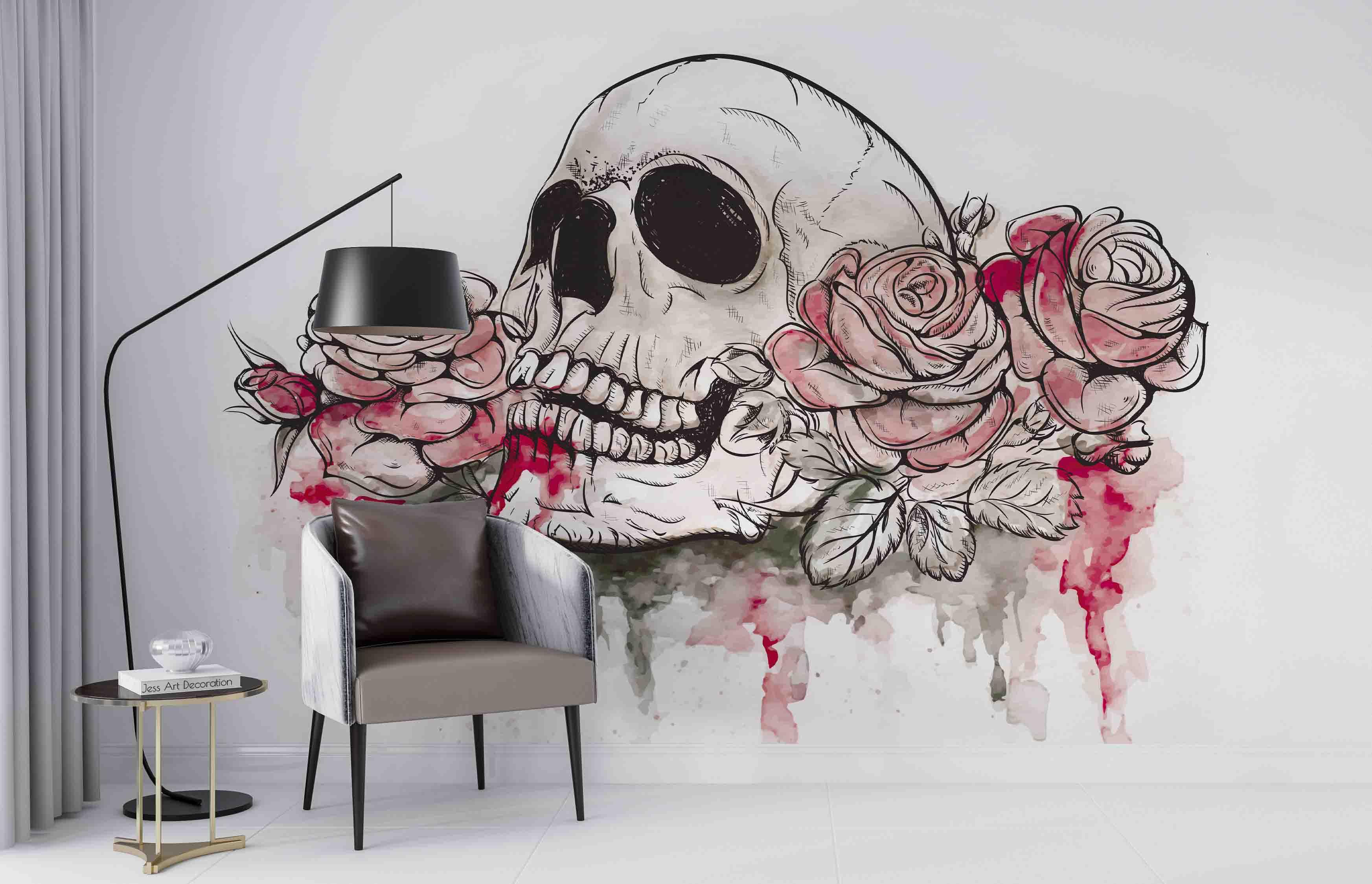3D Skull Rose skull and rose gothic mural wall mural wallpaper for bedroom - view 2