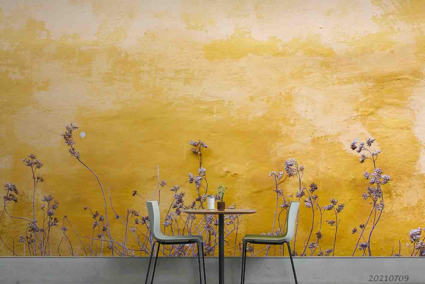 3D Yellow Concrete Wall Dried Flowers Wall Mural Wallpaper SWW4165- Jess Art Decoration
