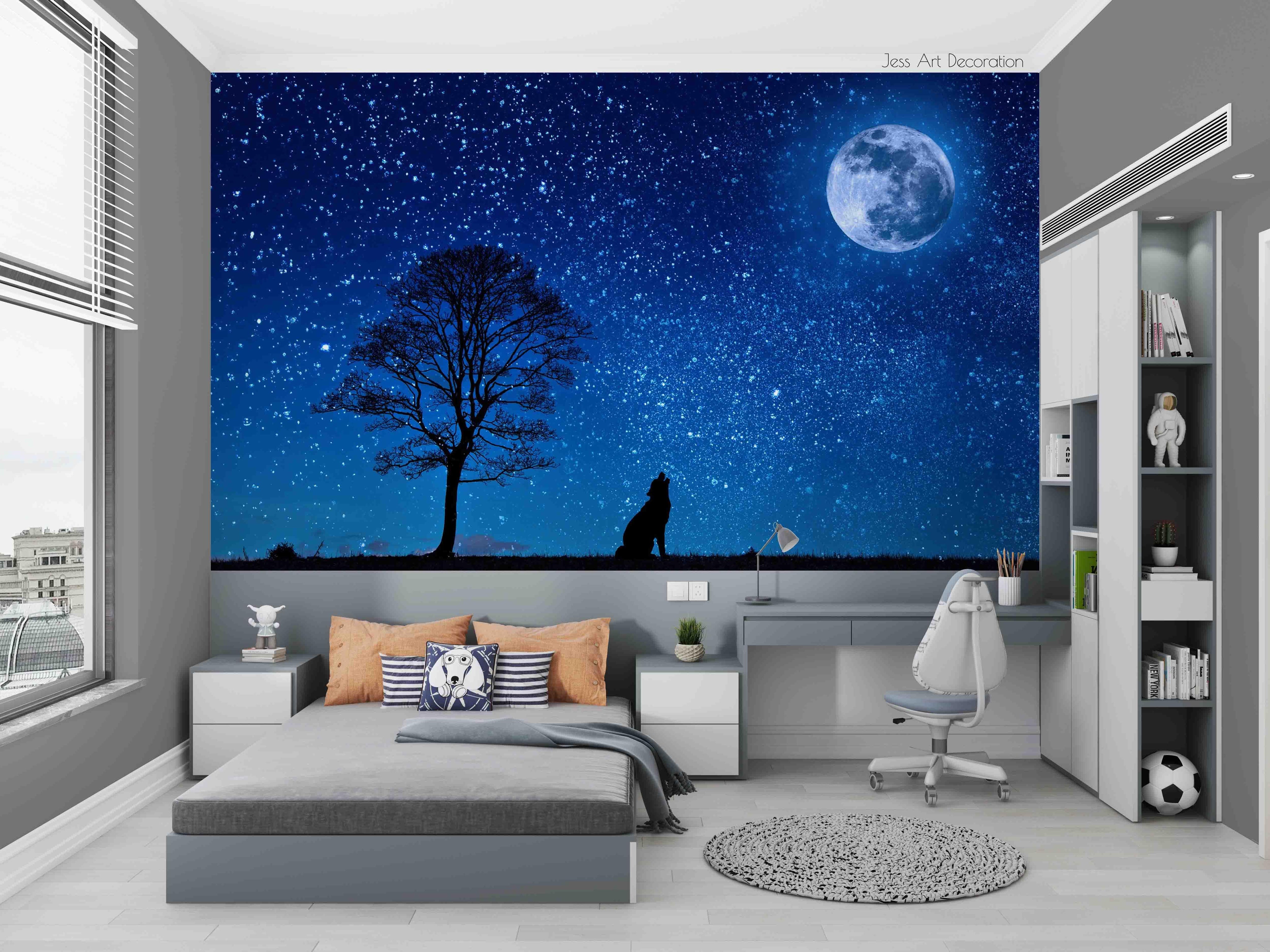 3D Animal Wolf Starry Sky Moon Blue Landscape Wall Mural Wallpaper LLL 1768- Jess Art Decoration