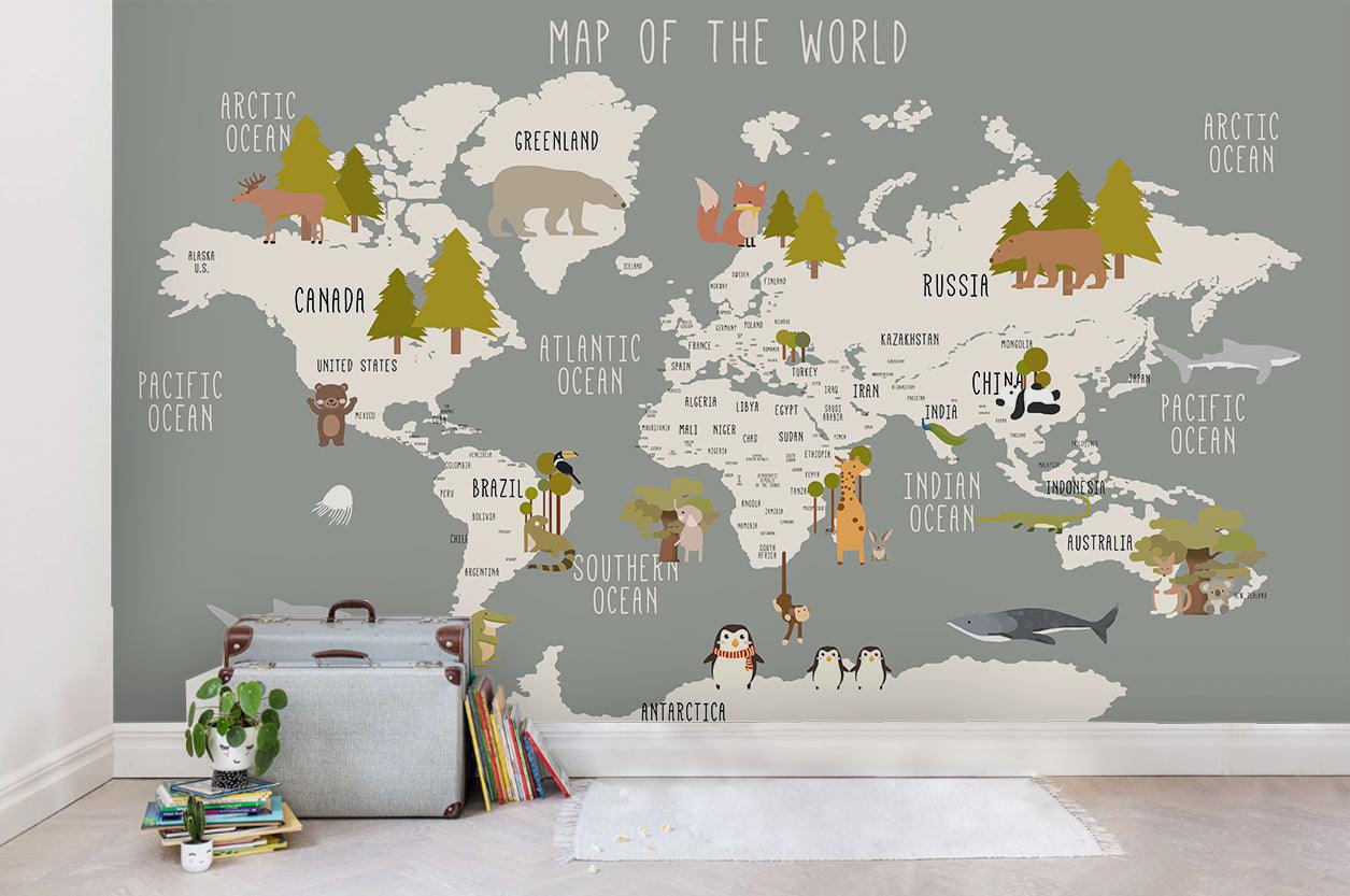 3D Cartoon Grey Forest World Map Wall Mural Wallpaper LQH 99- Jess Art Decoration