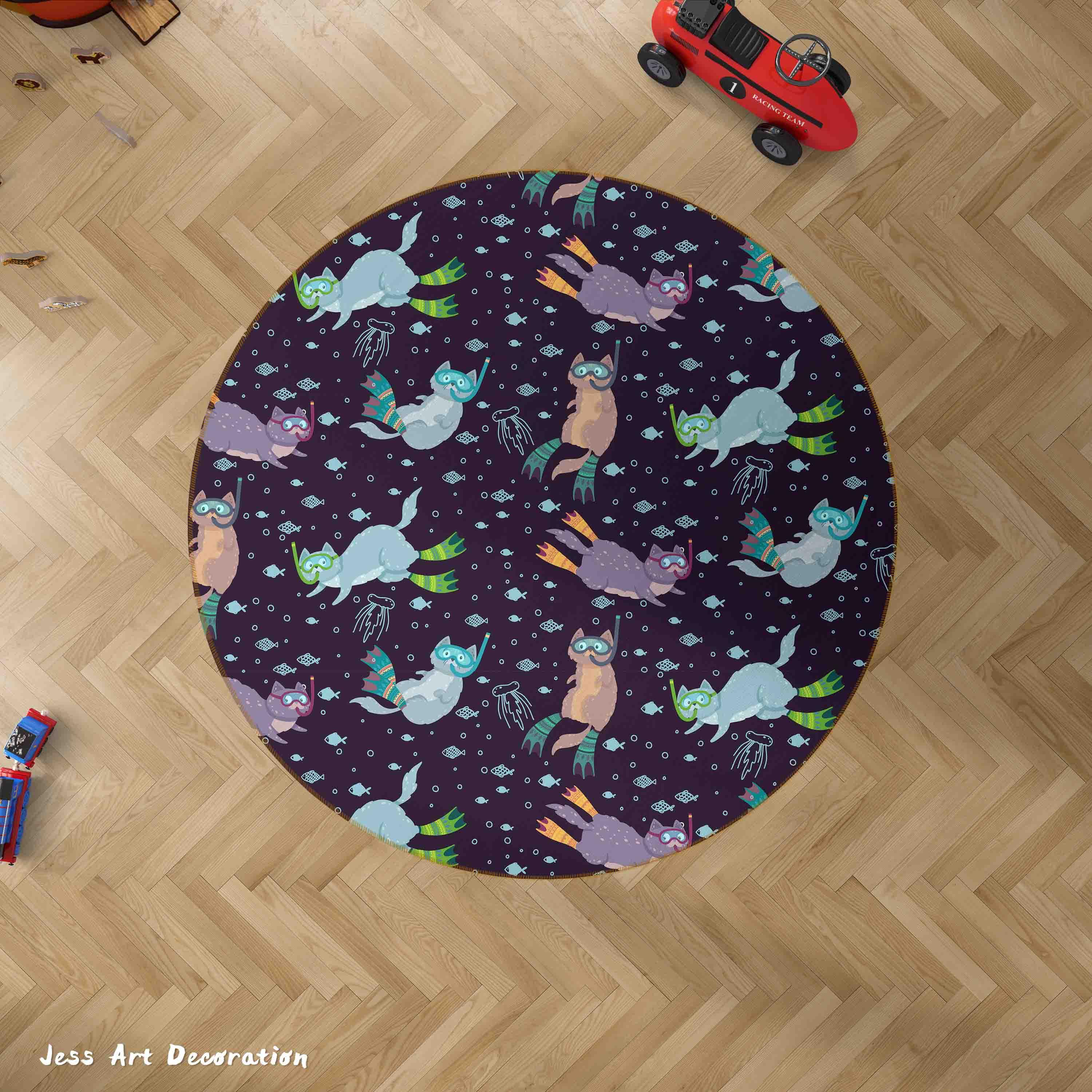 3D Cartoon Ocean Fish Diving Cat Kids Non-Slip Round Rug Mat 85- Jess Art Decoration