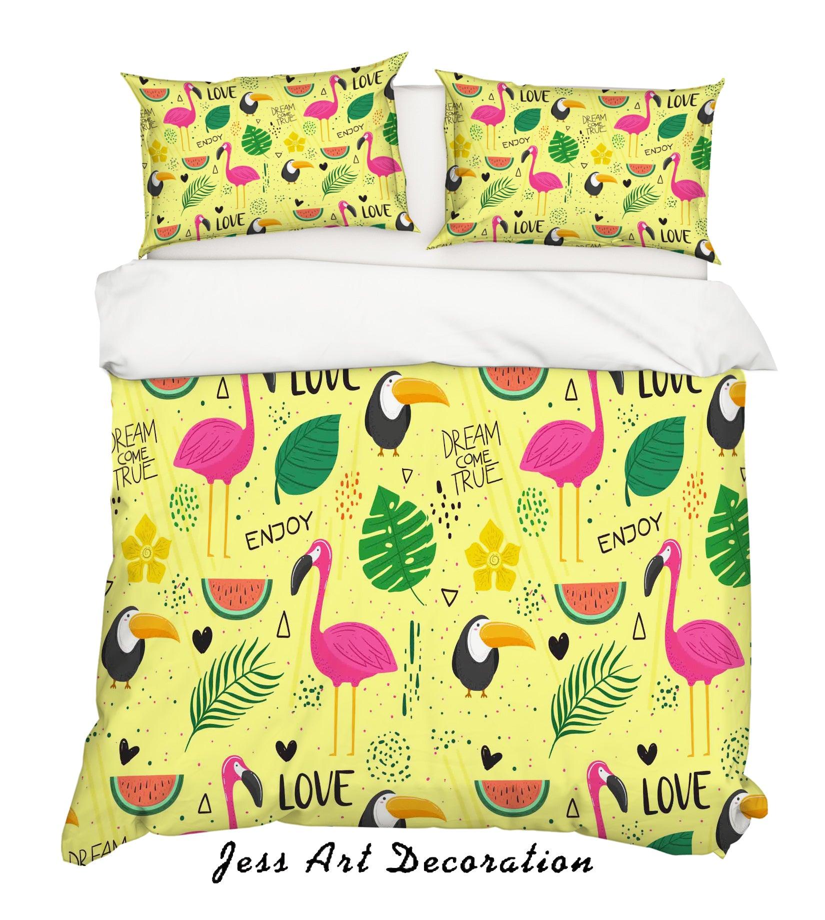 3D Cartoon Flamingo Watermelon Yellow Quilt Cover Set Bedding Set Pillowcases 4- Jess Art Decoration
