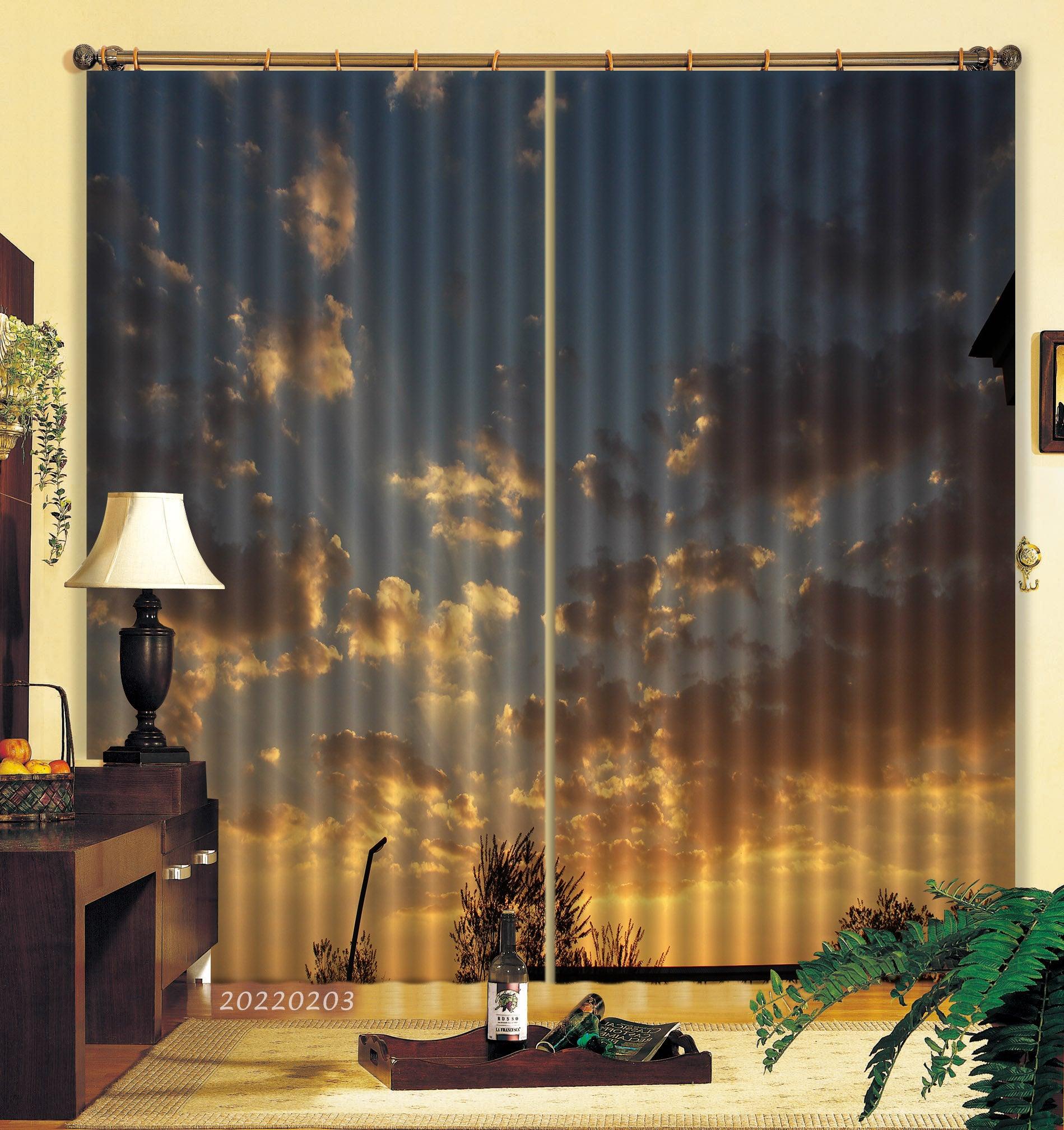 3D Golden Sunbeams Sky Clouds Trees Curtains and Drapes GD 1226- Jess Art Decoration