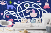 3D Cartoon Colorful Dinosaur Animal White Line Plant Pattern Wall Mural Wallpaper LXL- Jess Art Decoration