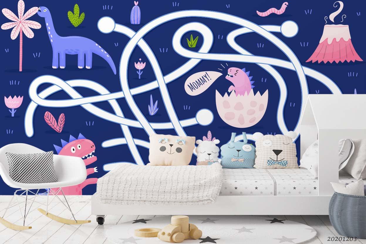 3D Cartoon Colorful Dinosaur Animal White Line Plant Pattern Wall Mural Wallpaper LXL- Jess Art Decoration