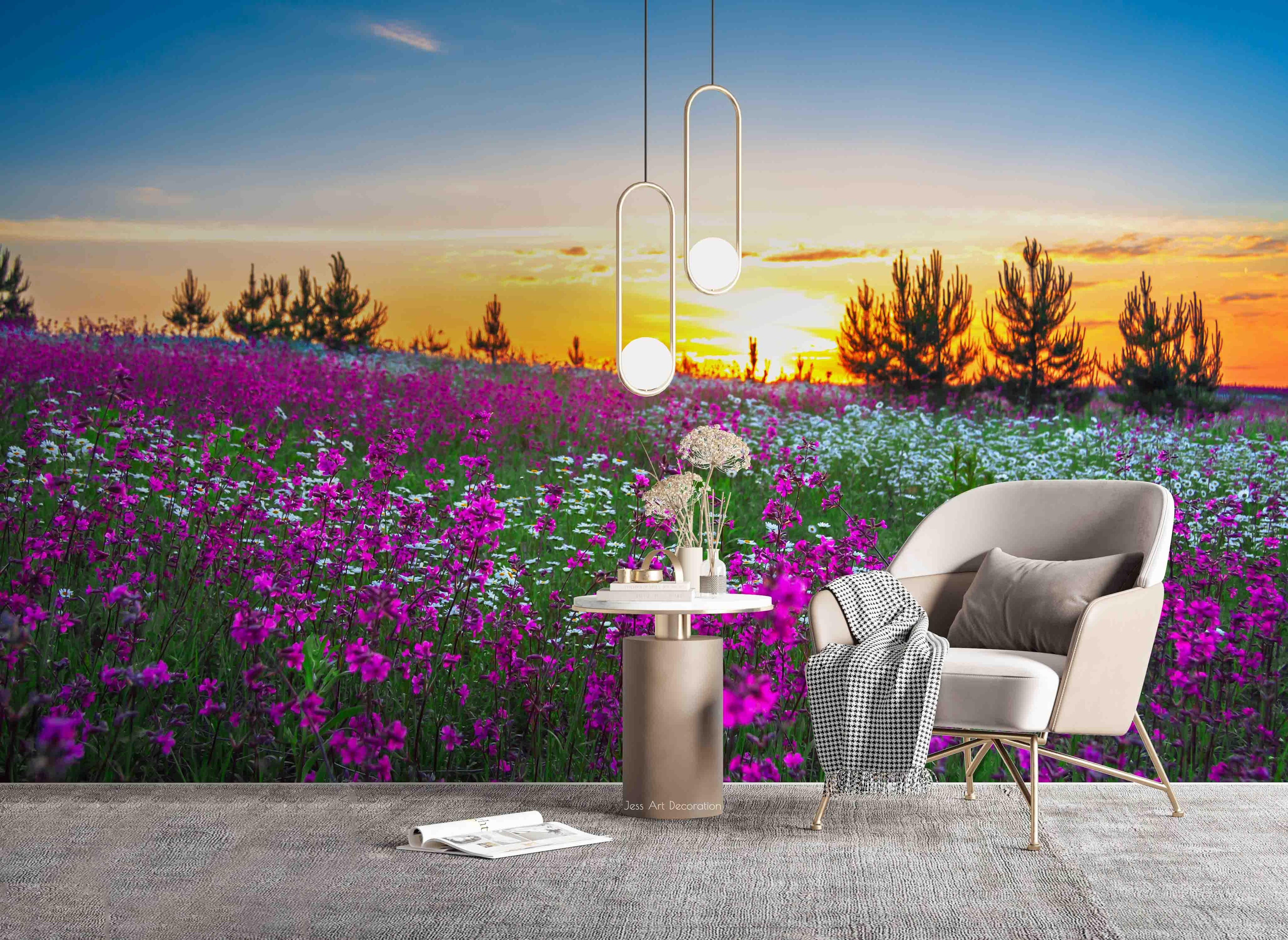 3D Field Landscape Purple White Flower Tree Sunset Blue Sky White Cloud Wall Mural Wallpaper GD 2287- Jess Art Decoration