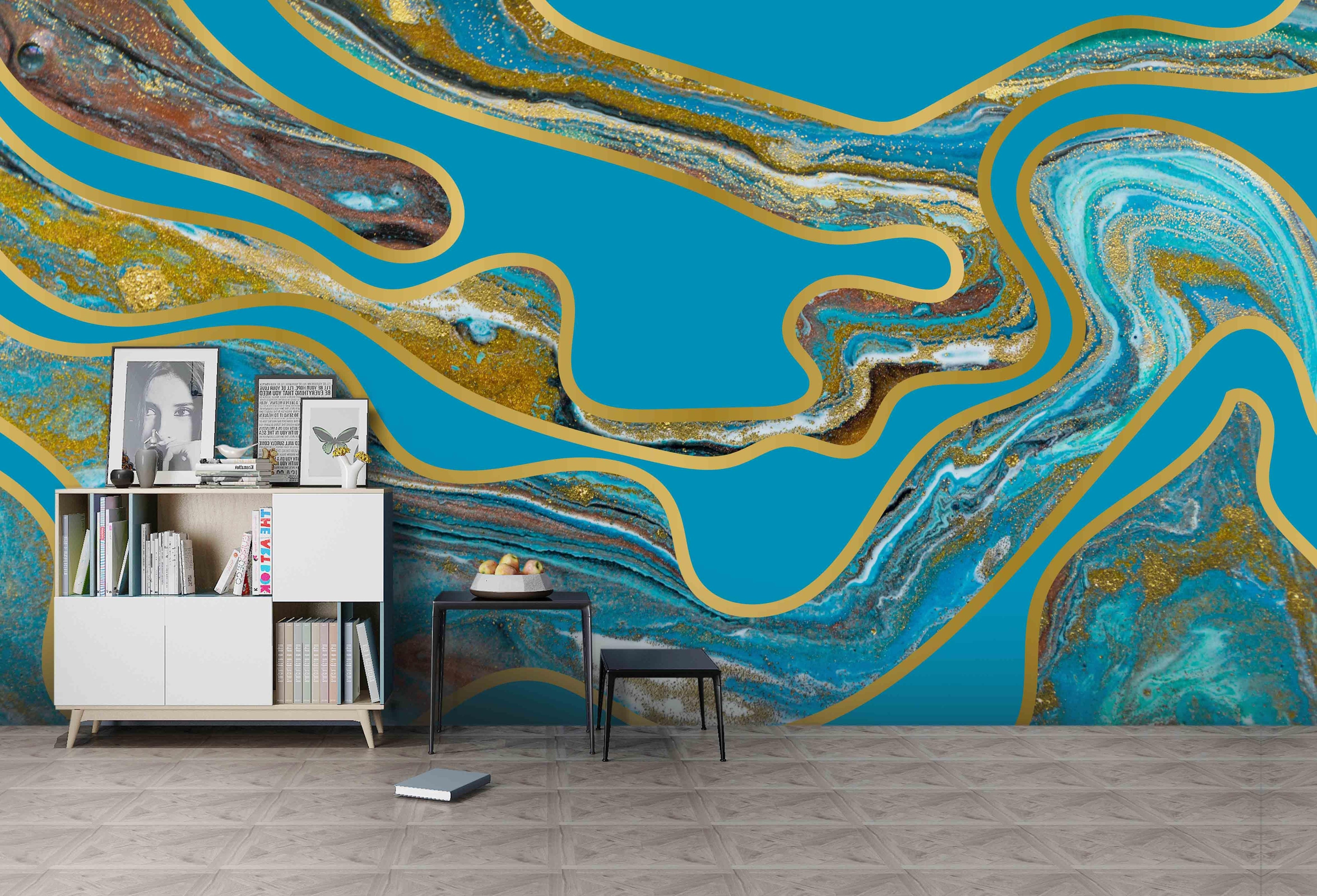 3D Blue Golden Flowing Texture Wall Mural Wallpaper  sww 266- Jess Art Decoration