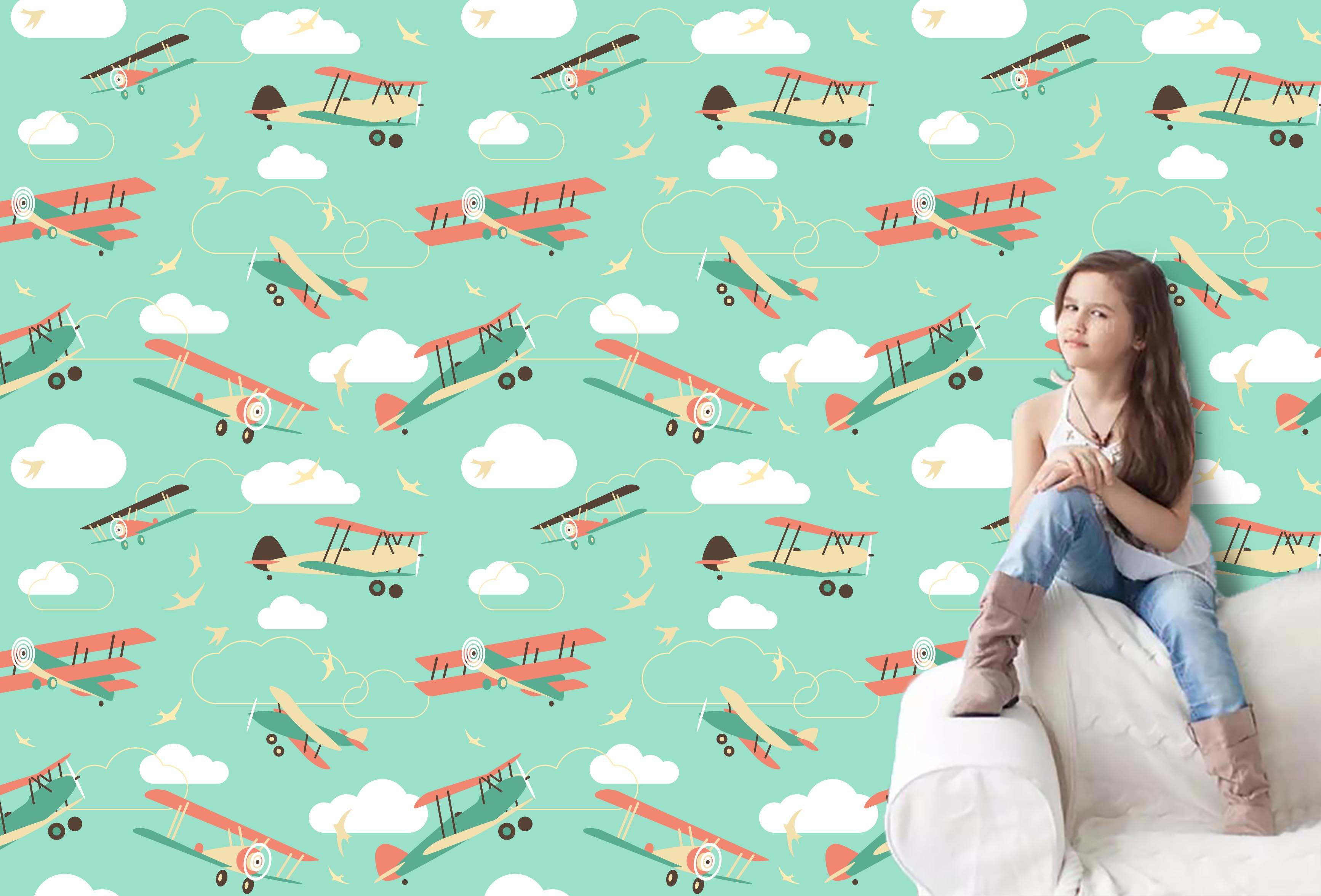 3D Green Background Cartoon Plane Wall Mural Wallpaper 6- Jess Art Decoration