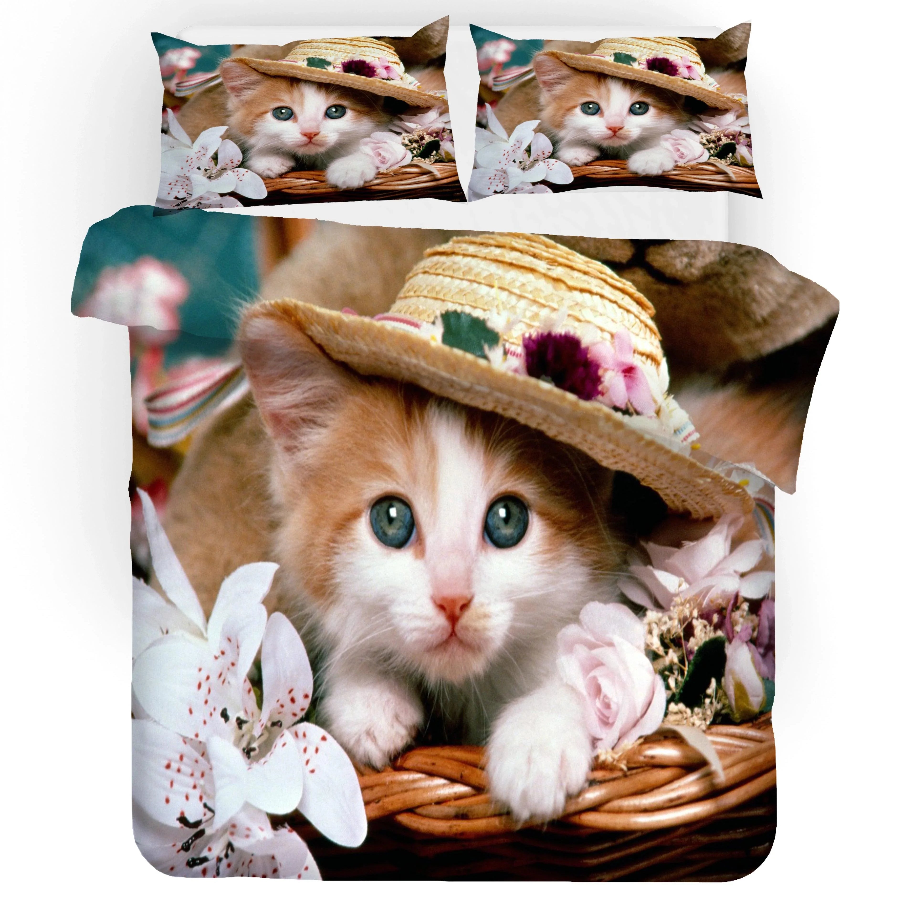 3D Cat Kitty Hat Flowers Quilt Cover Set Bedding Set Duvet Cover Pillowcases SF35- Jess Art Decoration
