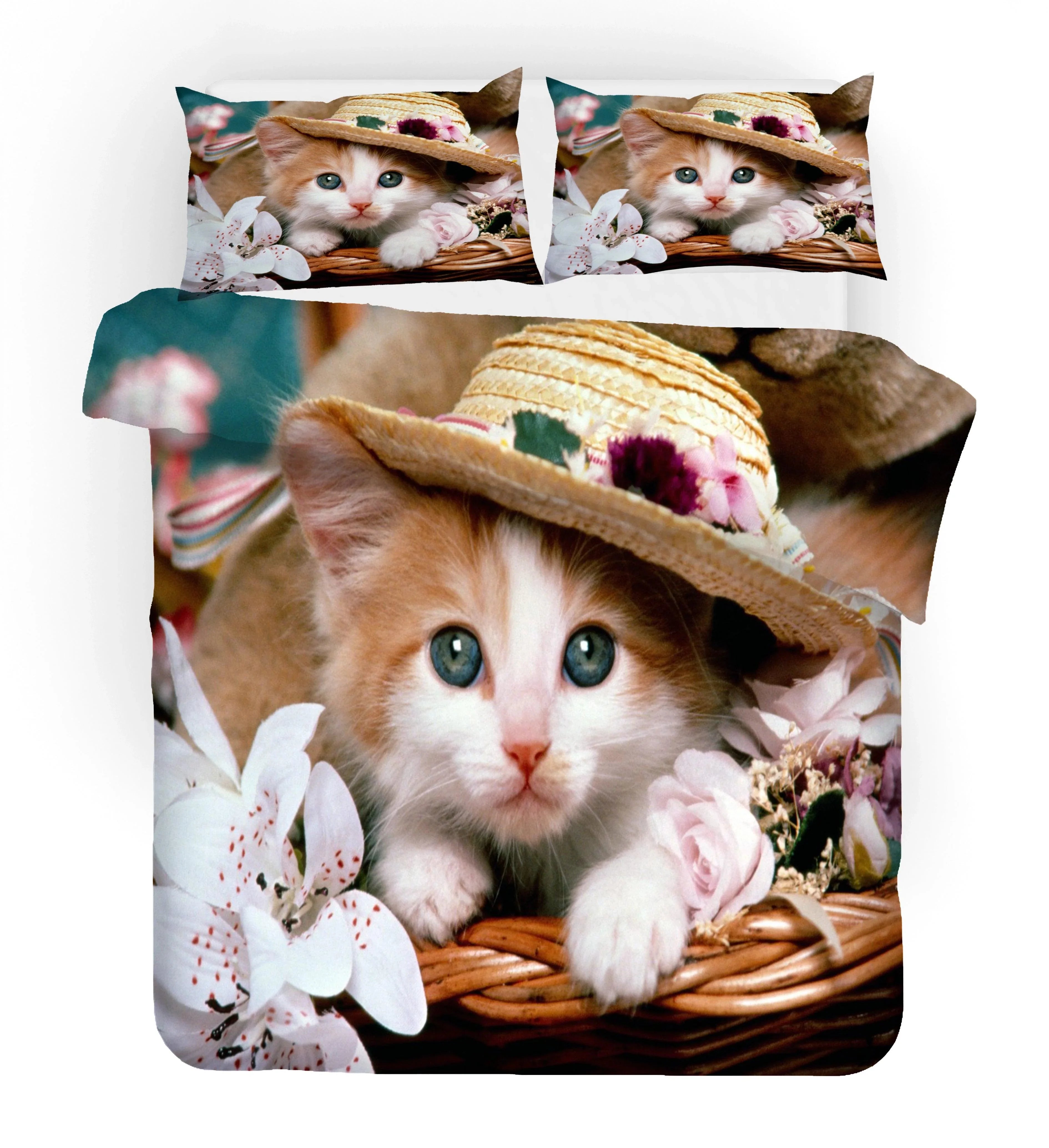3D Cat Kitty Hat Flowers Quilt Cover Set Bedding Set Duvet Cover Pillowcases SF35- Jess Art Decoration