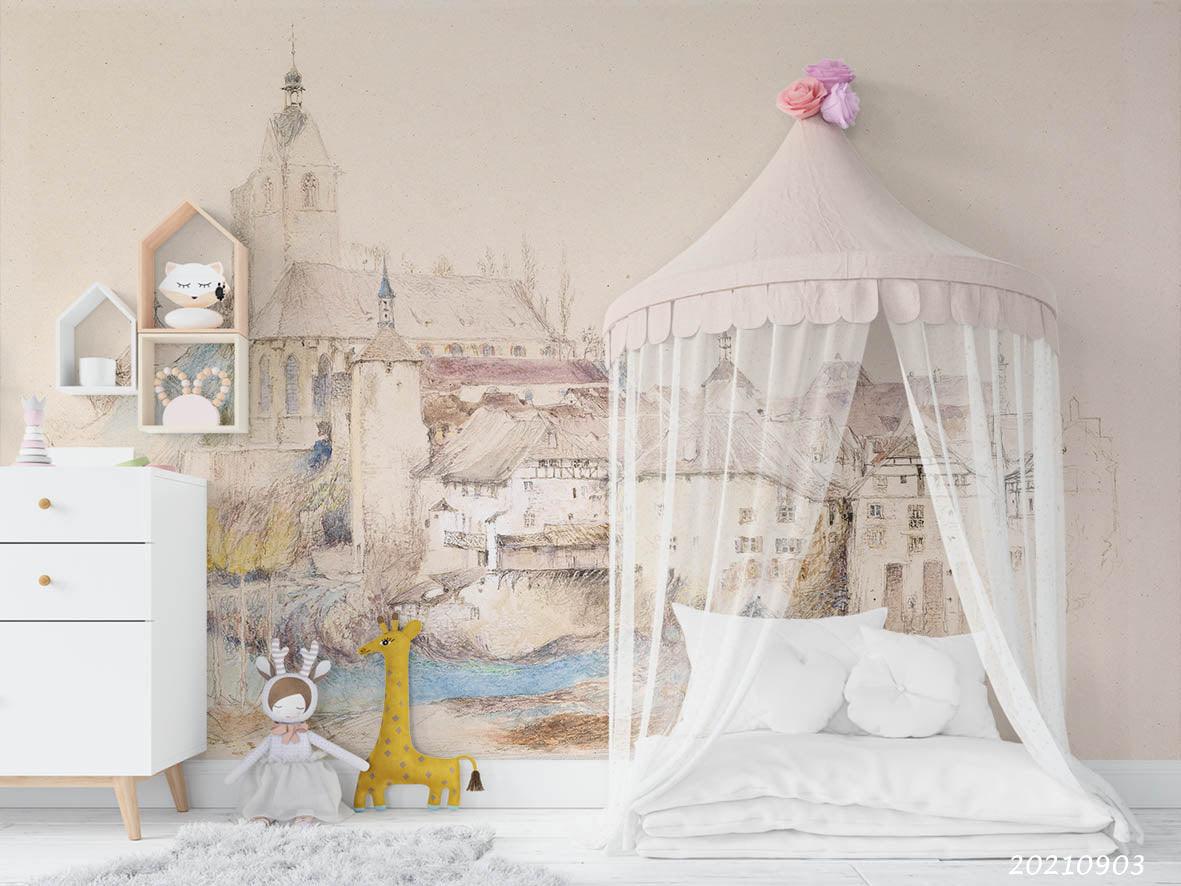 3D Hand Drawn Castle Building Wall Mural Wallpaper LQH 117- Jess Art Decoration