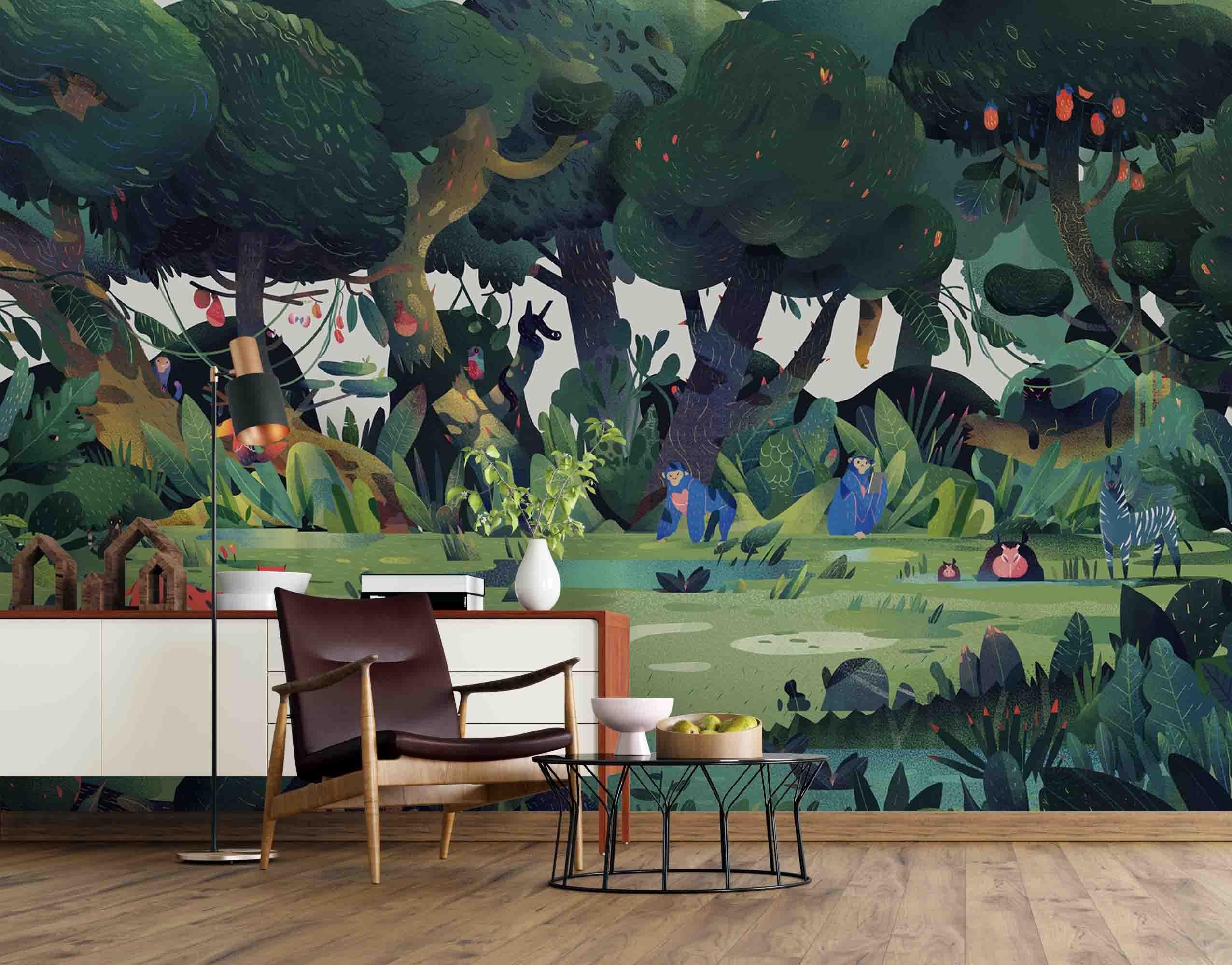 3D Cartoon Animal Forest Wall Mural Wallpaper SF35- Jess Art Decoration