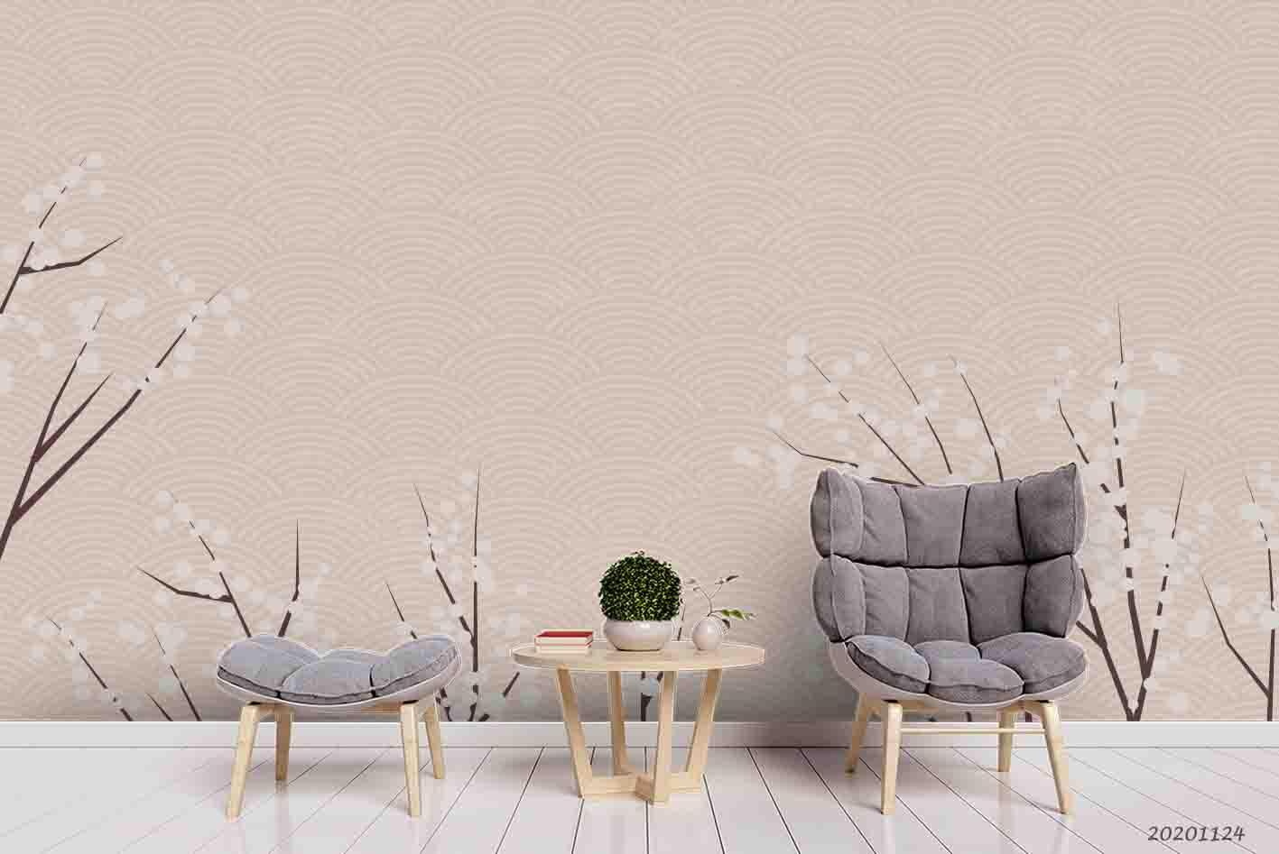 3D Hand Drawn White Floral Tree Plant Wall Mural Wallpaper LXL- Jess Art Decoration