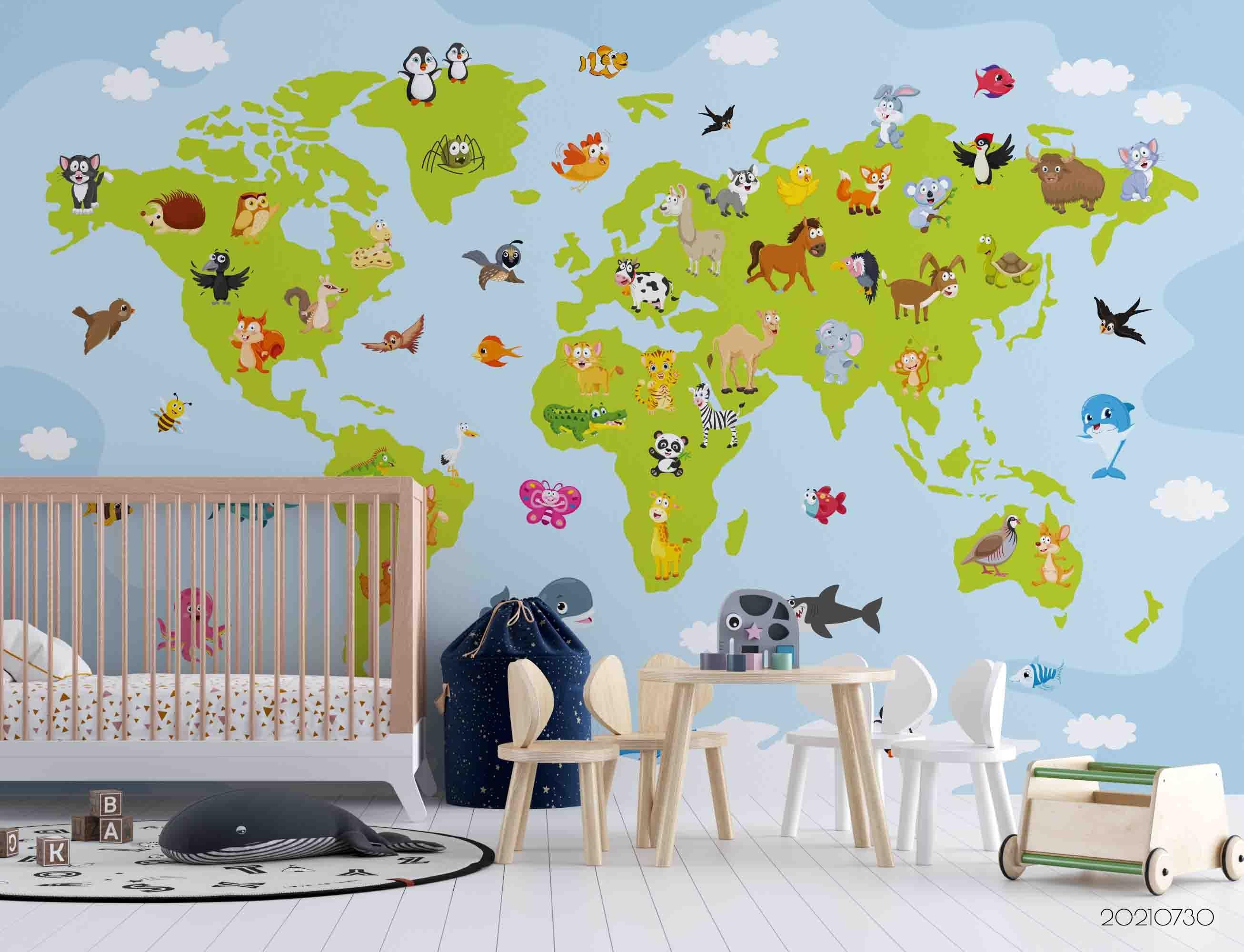 3D Cartoon Animal Map World Wall Mural Wallpaper SWW4483- Jess Art Decoration