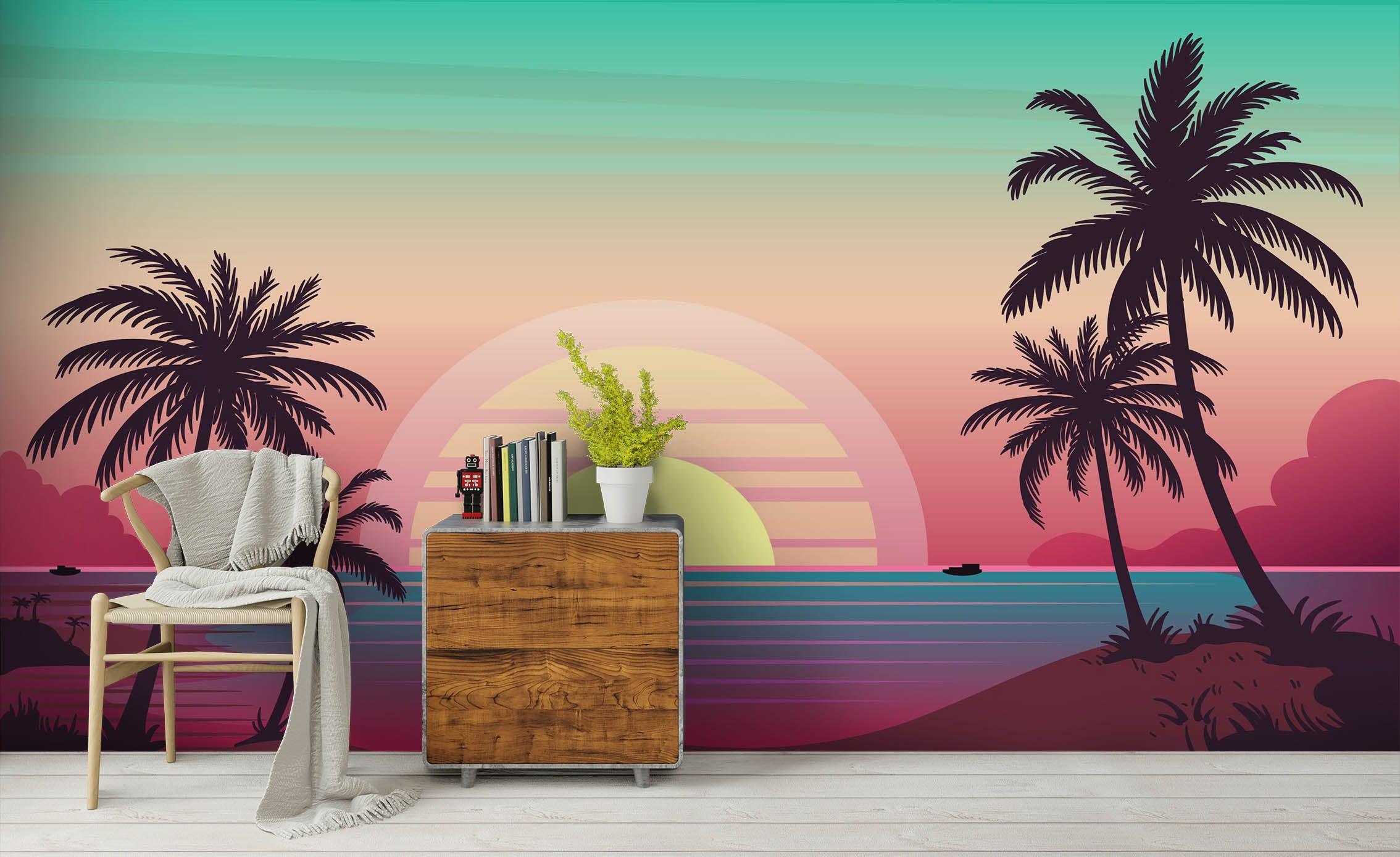 3D Pink Beach Sunset Coconut Trees Wall Mural Wallpaper 109 LQH- Jess Art Decoration