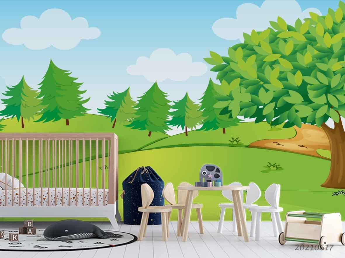 3D Cartoon Green Grass Tree Wall Mural Wallpaper LQH 25- Jess Art Decoration