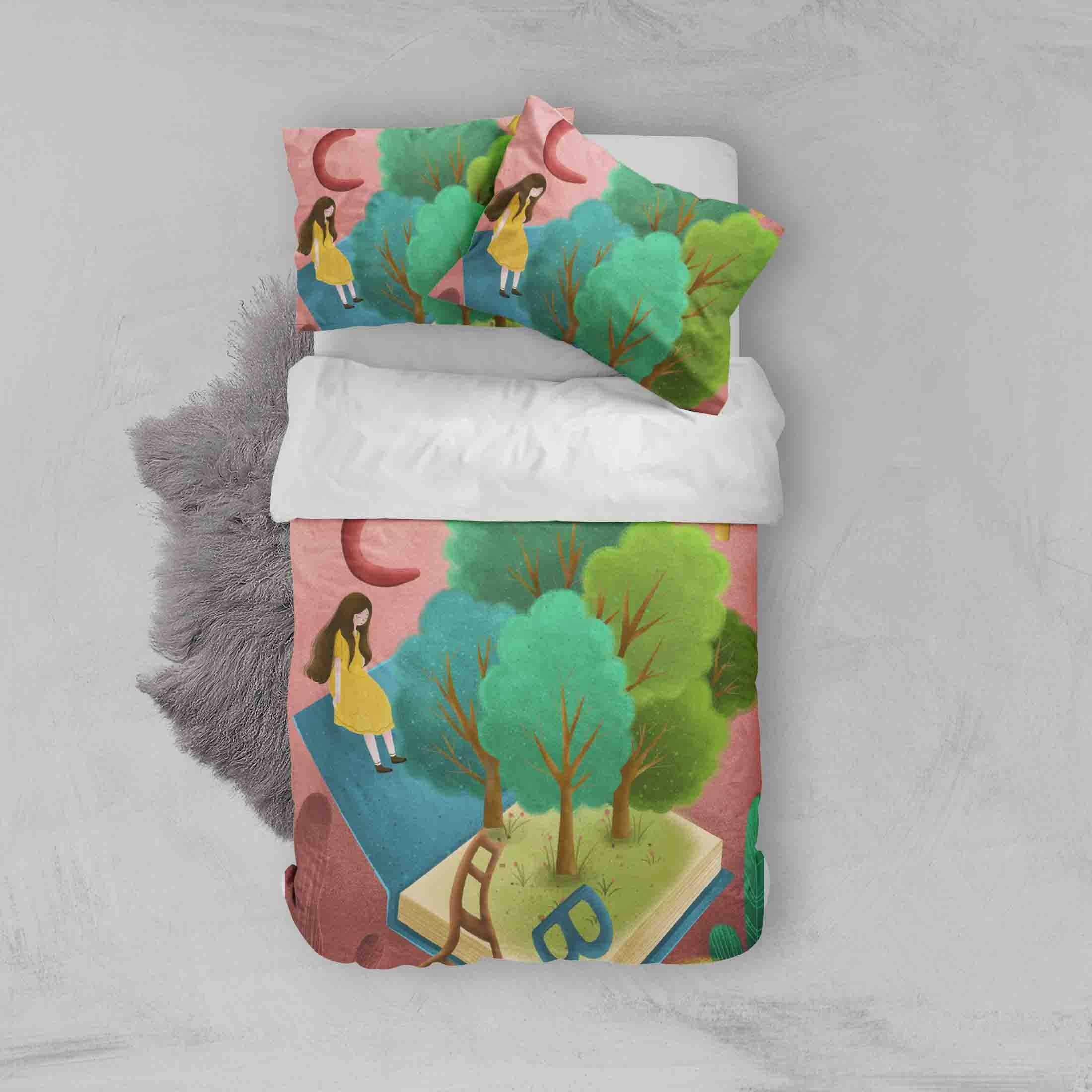 3D Cartoon Tree Book Girl Quilt Cover Set Bedding Set Pillowcases 33- Jess Art Decoration