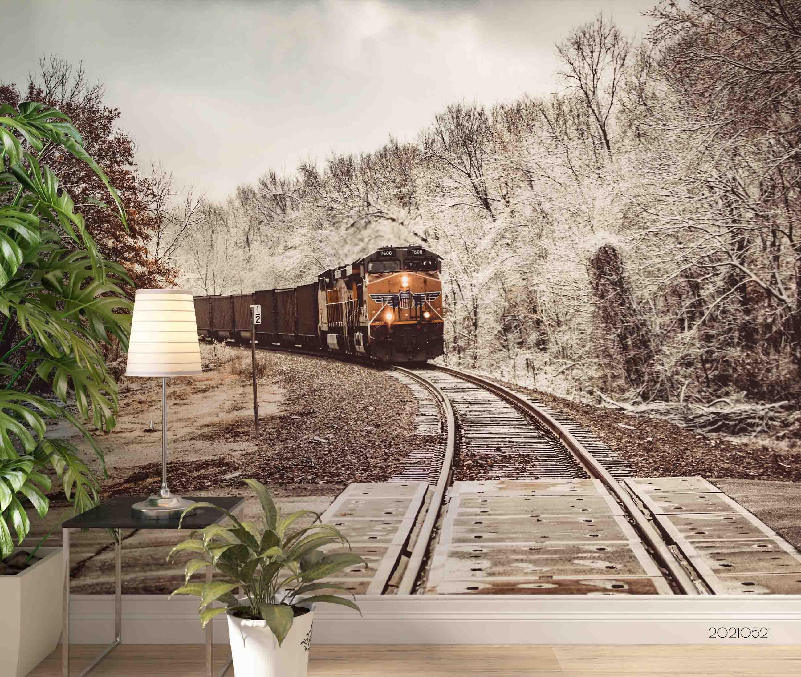 3D Snow Forest Railroad Track Train Wall Mural Wallpaper LQH 46- Jess Art Decoration