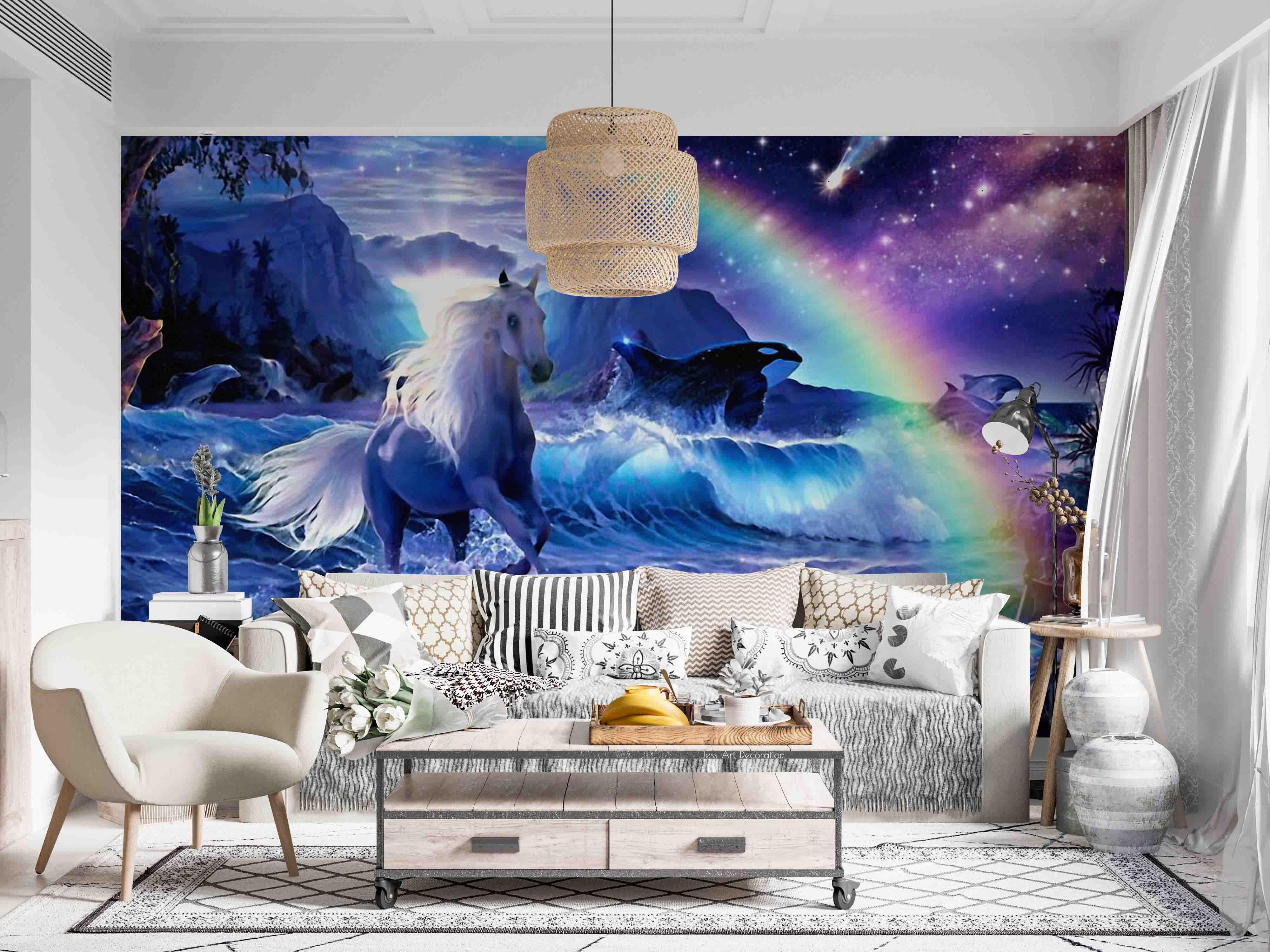 3D Fantasy Blue Stars Horse Rainbow Mountain Wave Wall Mural Wallpaper GD 3006- Jess Art Decoration