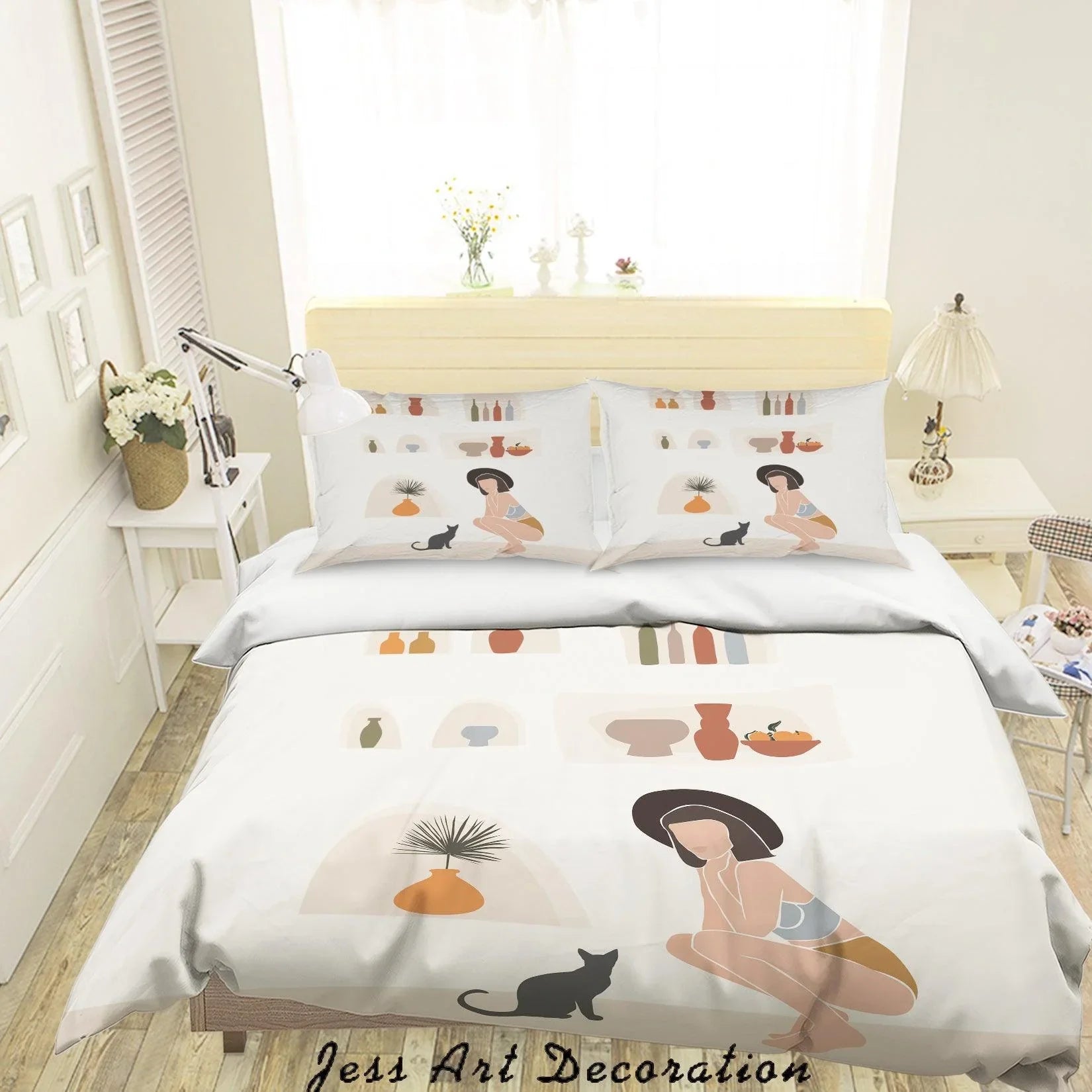3D Beauty Woman Cat Porcelain Vase Plant Fruit Quilt Cover Set Bedding Set Duvet Cover Pillowcases SF25- Jess Art Decoration