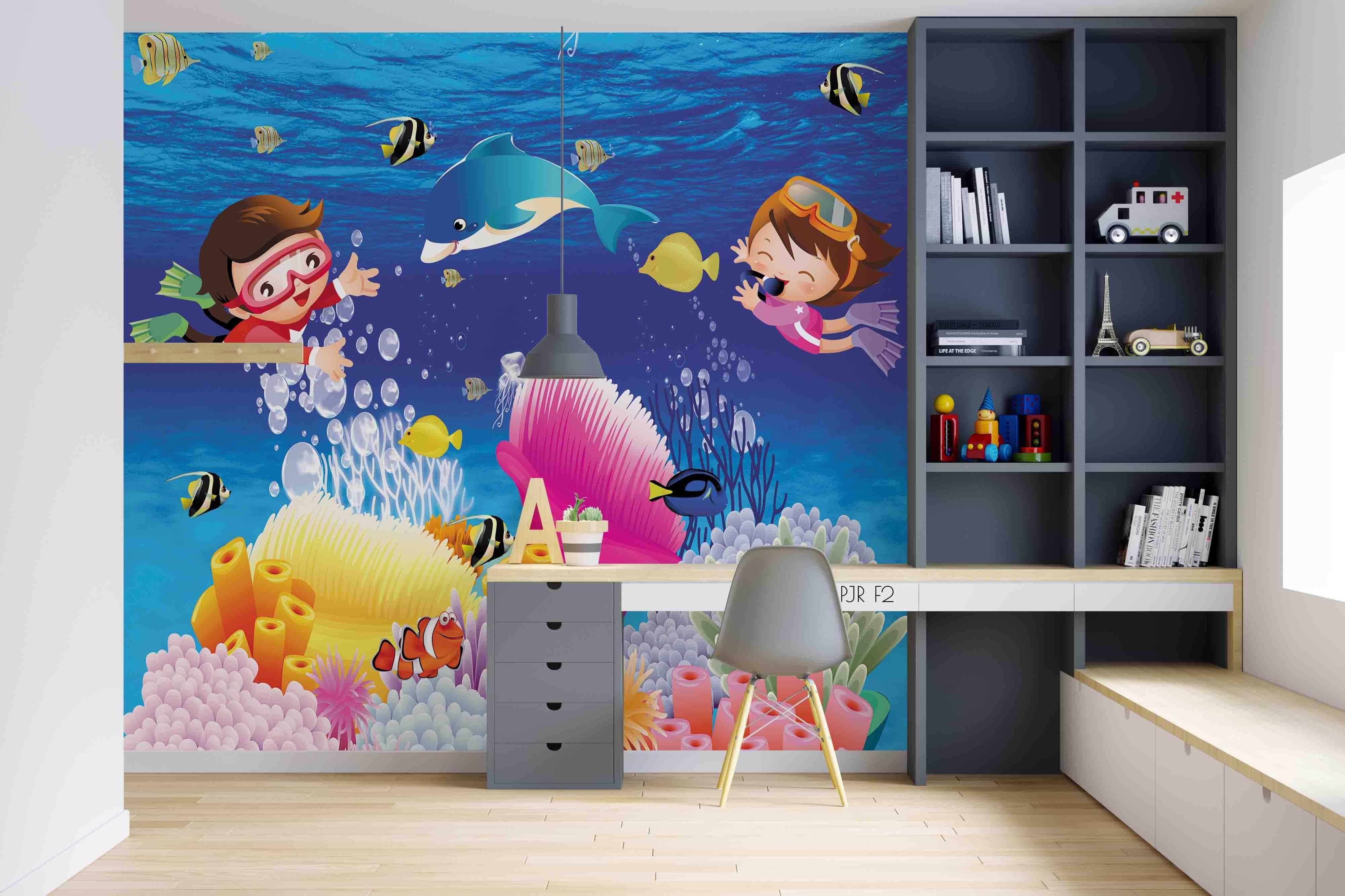 3D Diving Sea Kids cartoon scuba diving sea mural wall mural wallpaper for kids room - view 3