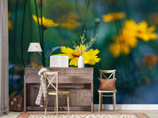 3D Yellow Flowers Green Leaf Wall Mural Wallpaper GD 2426- Jess Art Decoration