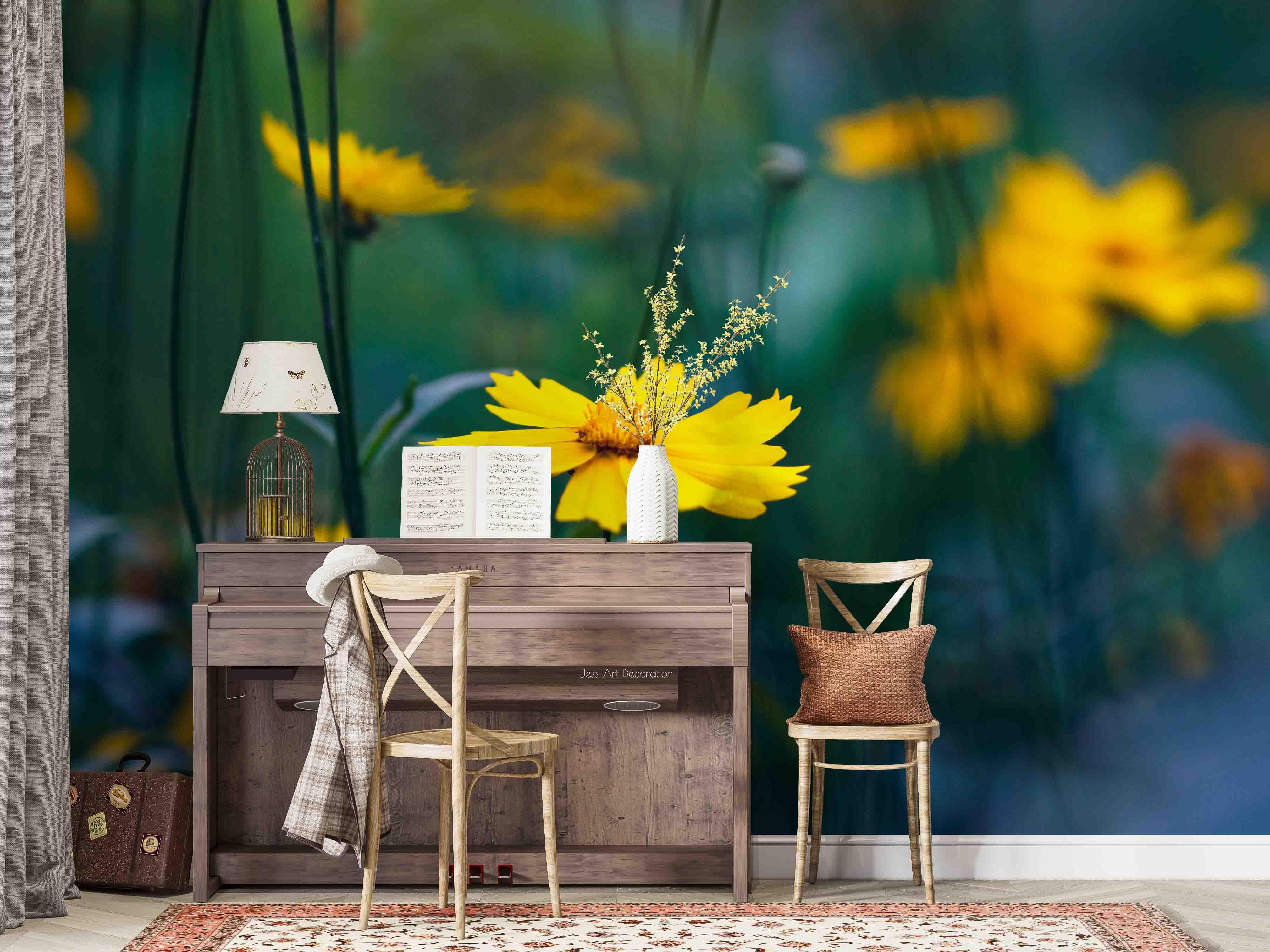 3D Yellow Flowers Green Leaf Wall Mural Wallpaper GD 2426- Jess Art Decoration