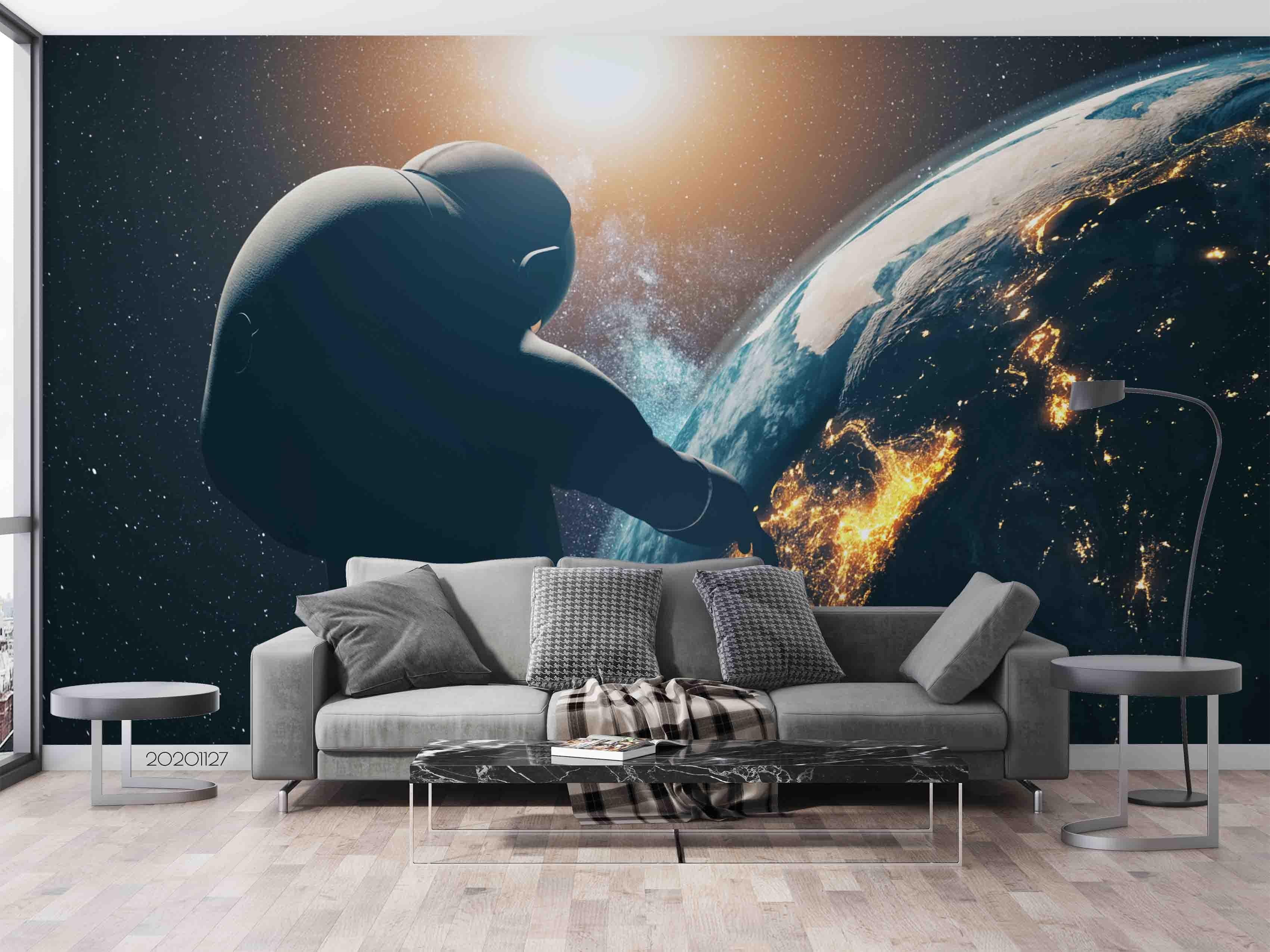 3D Dark Space Silhouette Astronaut Earth Planet Wall Mural Wallpaper LXL- Jess Art Decoration