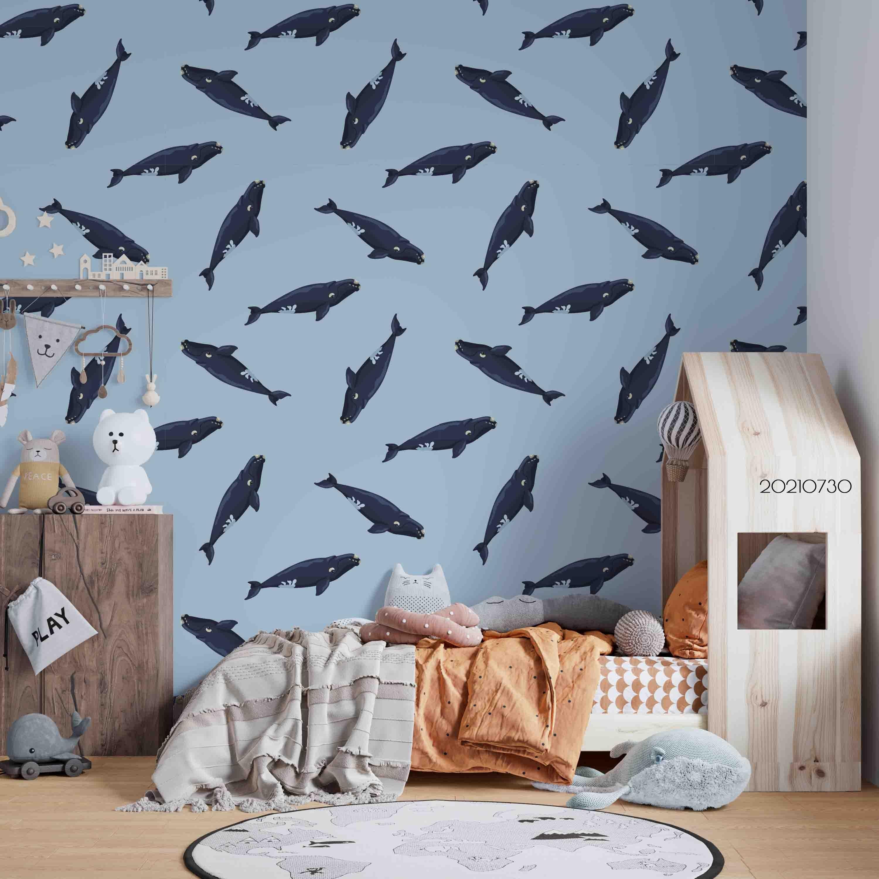 3D Whale Pattern Seamless Light Blue Wall Mural Wallpaper SWW4463- Jess Art Decoration