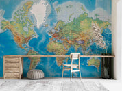 3D World Map Blue Ocean Yellow Land Wall Mural Wallpaper GD 2705- Jess Art Decoration