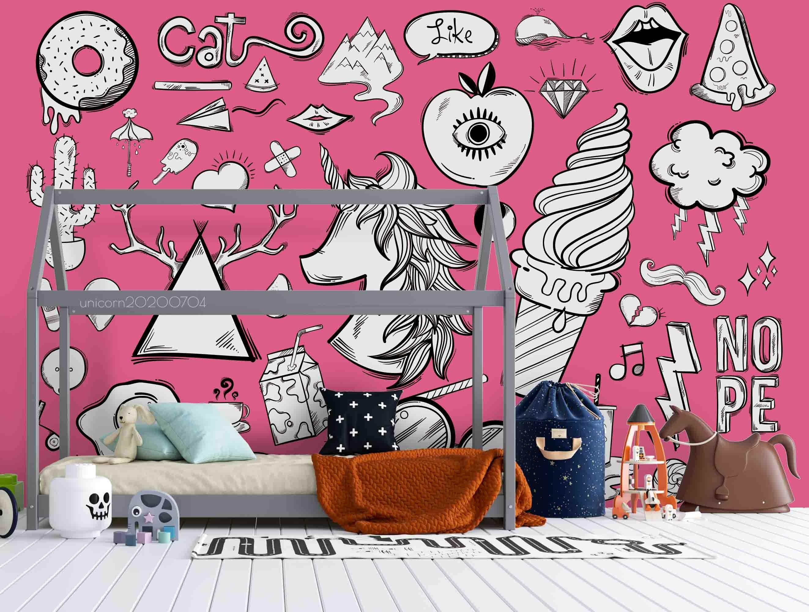 3D Hand Sketching Rock Ice Cream Unicorn Wall Mural Wallpaper LXL 196- Jess Art Decoration