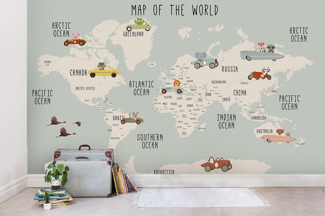 3D Cartoon Grey Car World Map Wall Mural Wallpaper LQH 98- Jess Art Decoration