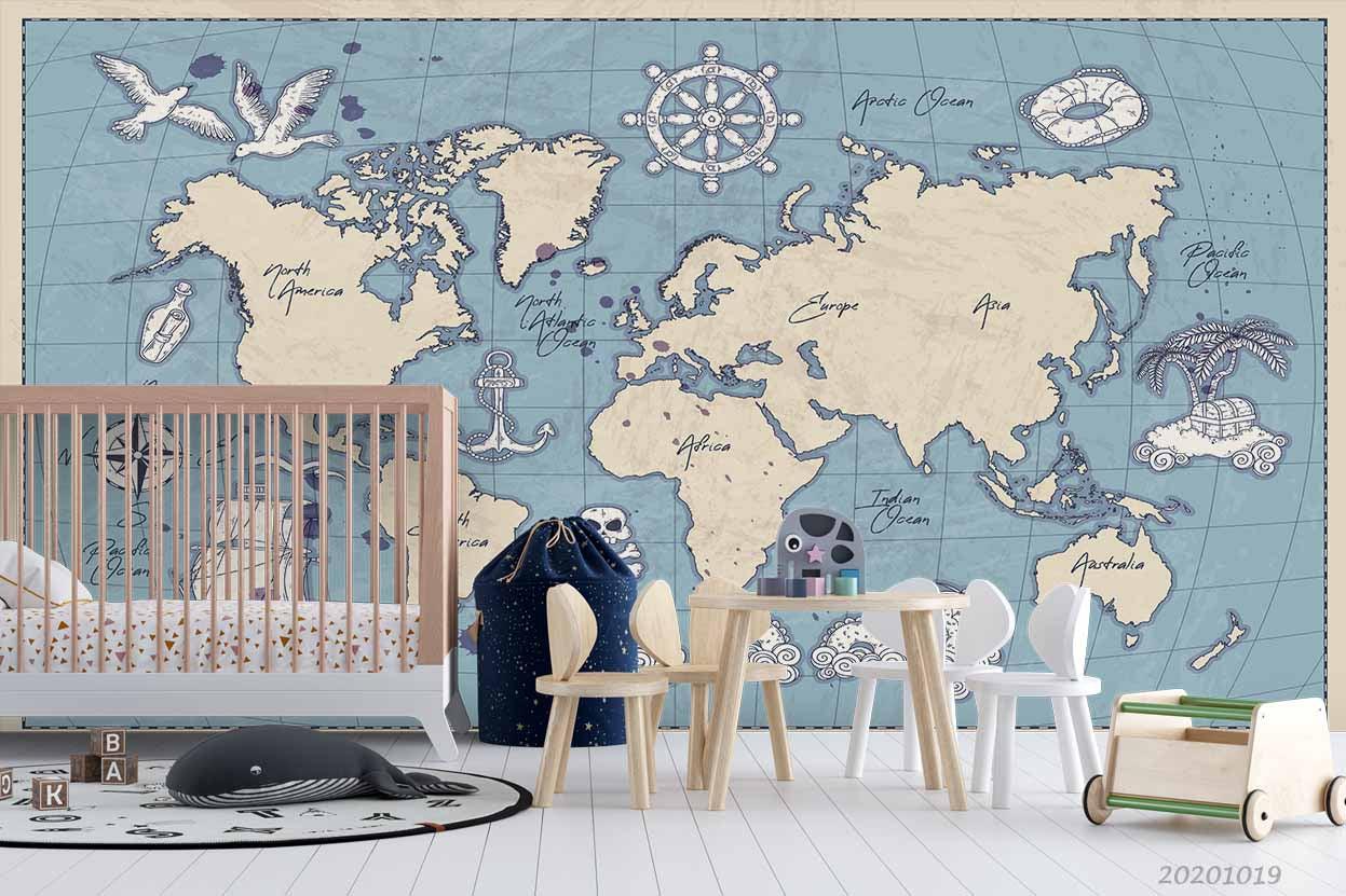3D Hand Drawn Sea World Map Wall Mural Wallpaper WJ 9434- Jess Art Decoration