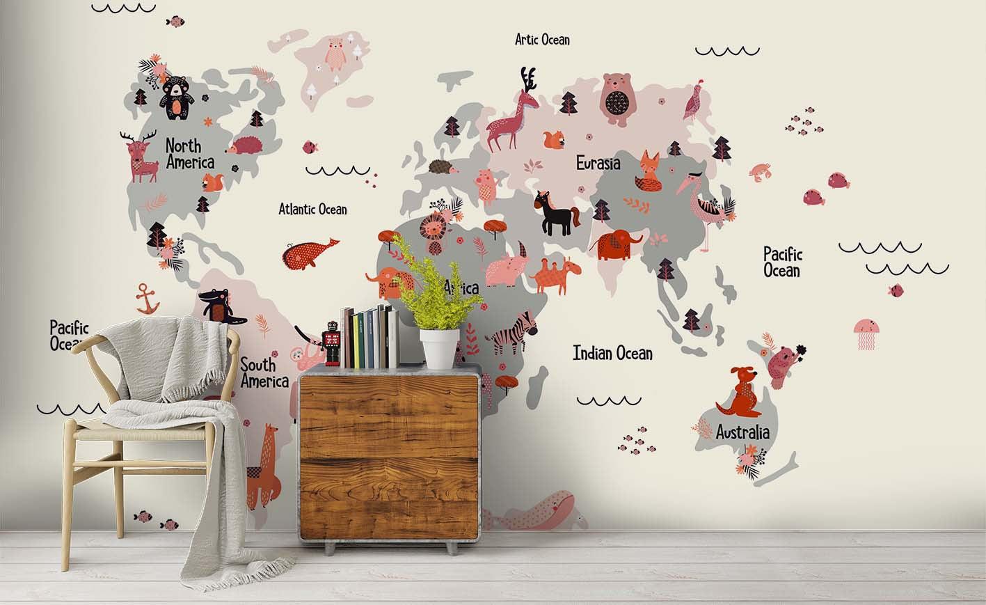 3D Cartoon World Map Wall Mural Wallpaper SF138- Jess Art Decoration