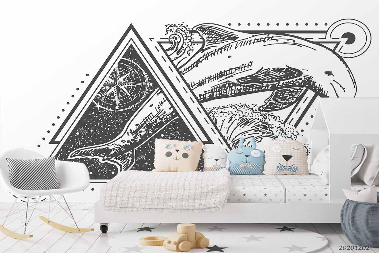 3D Hand Drawn Dolphin Tattoo Art Style Triangle Frame Wall Mural Wallpaper LXL- Jess Art Decoration