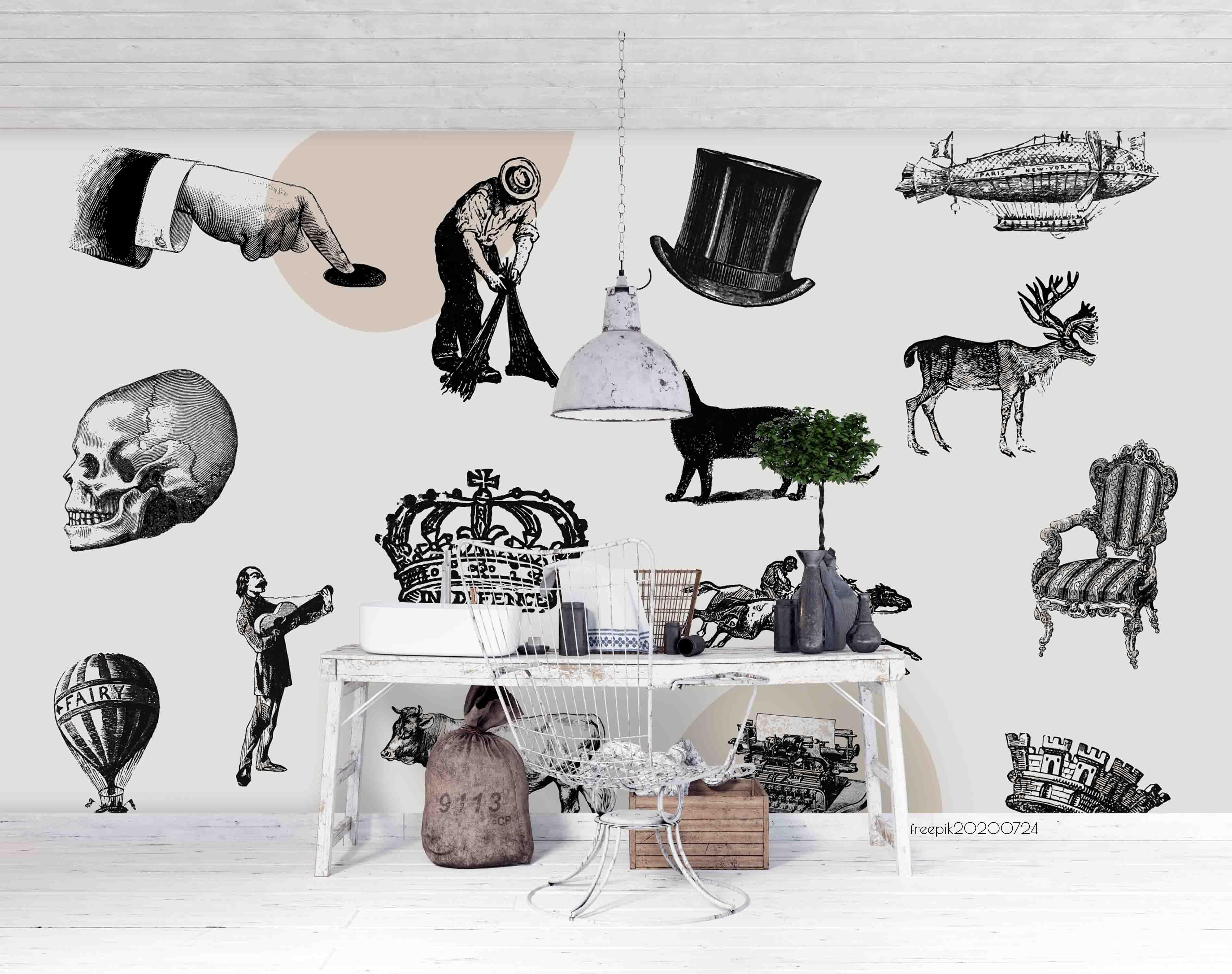 3D Vintage Hand Sketching Crown Animal Wall Mural Wallpaper LXL 564- Jess Art Decoration
