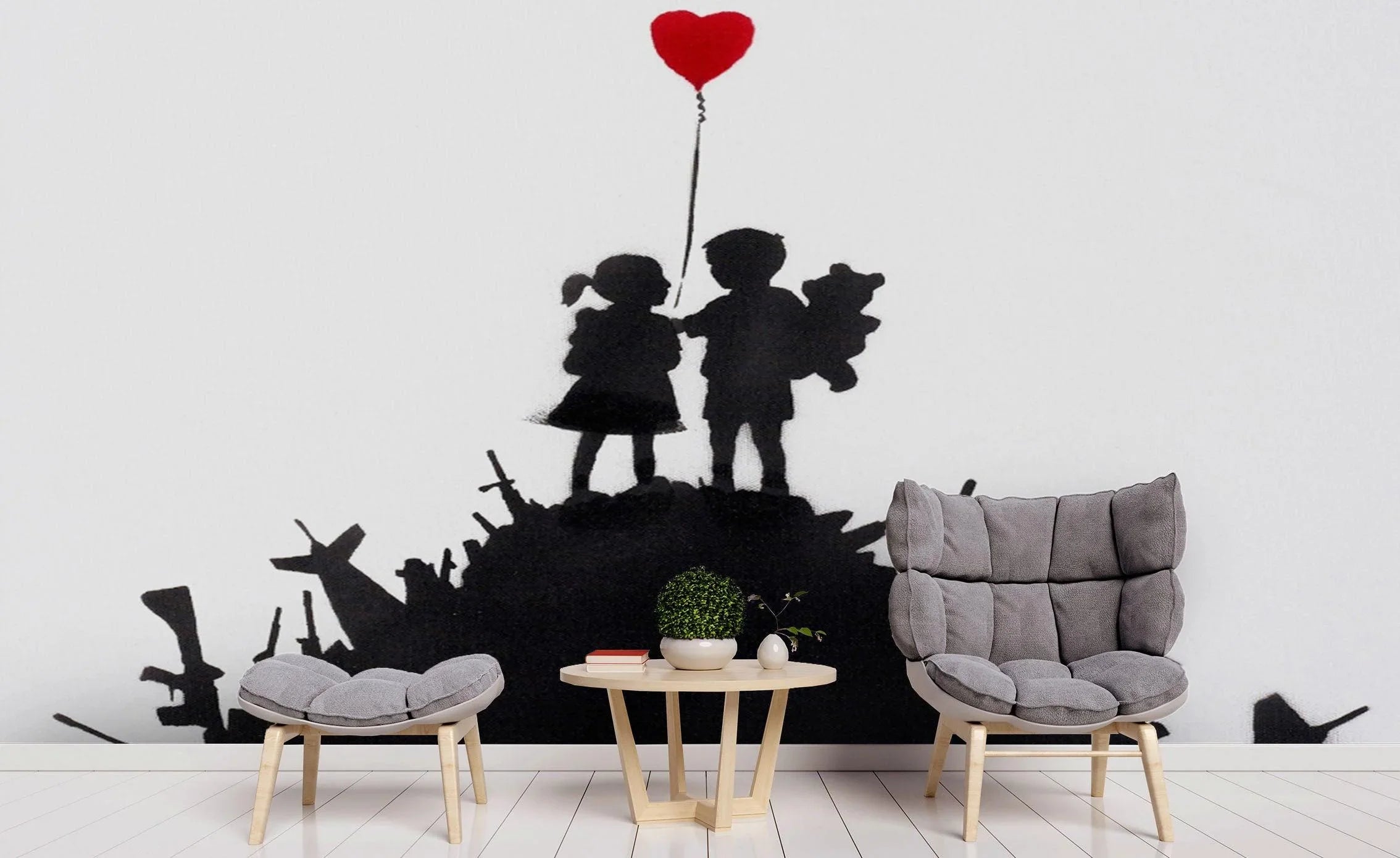 3D Black Banksy Kids Guns Red Heart Wall Mural Wallpaper ZY D34- Jess Art Decoration