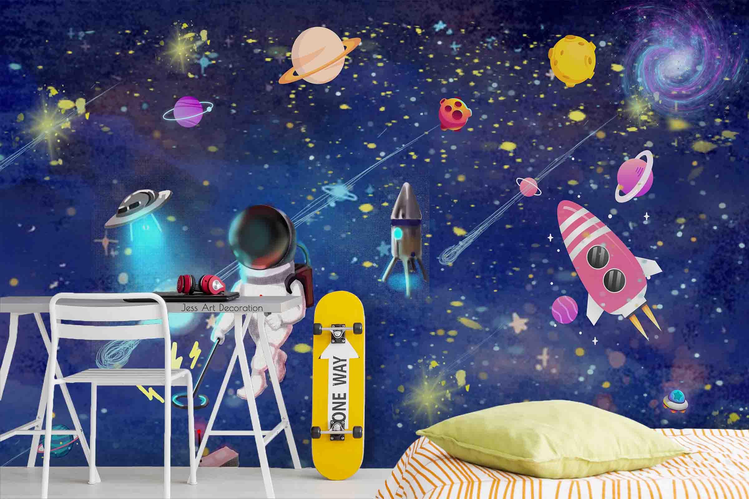 3D Cartoon Space Astronaut Planet Rocket Wall Mural Wallpaper GD 3315- Jess Art Decoration