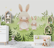 3D Cartoon Rabbit Green Leaf Wall Mural Wallpaper 105- Jess Art Decoration