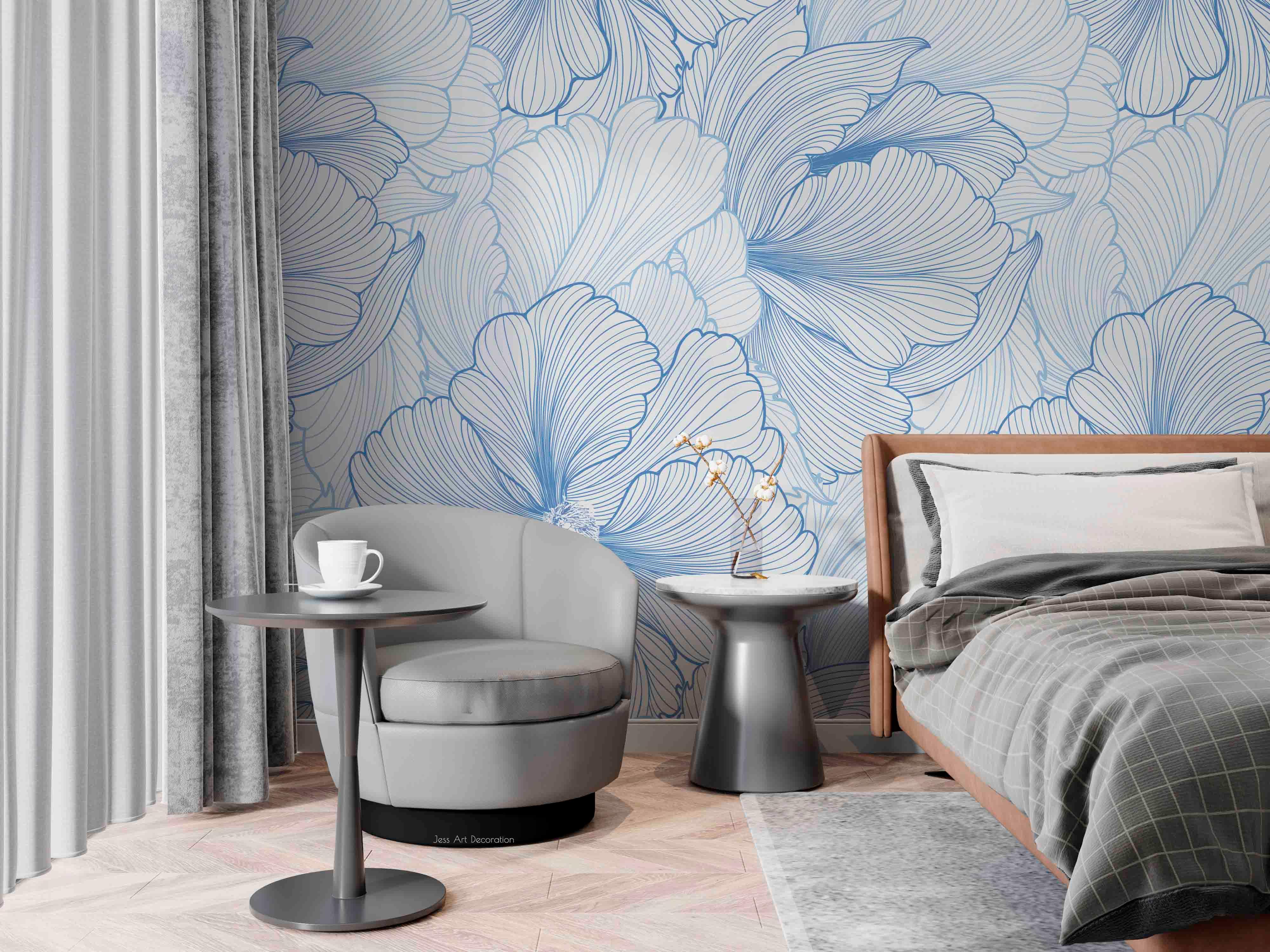 3D Blue Line Leaf Pattern Wall Mural Wallpaper GD 3025- Jess Art Decoration