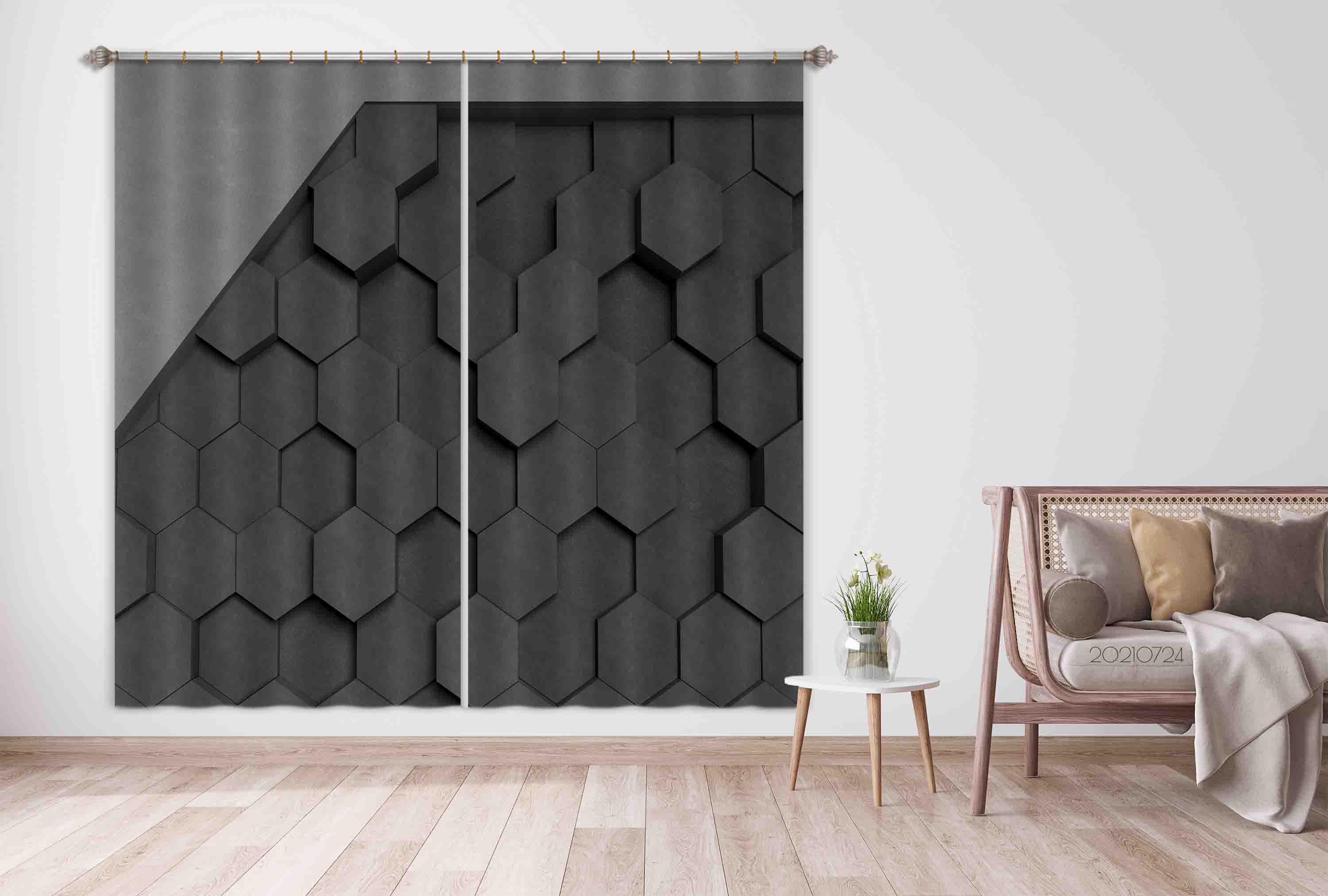 3D Abstract Black Geometric Hexagon Curtains and Drapes LQH 61- Jess Art Decoration