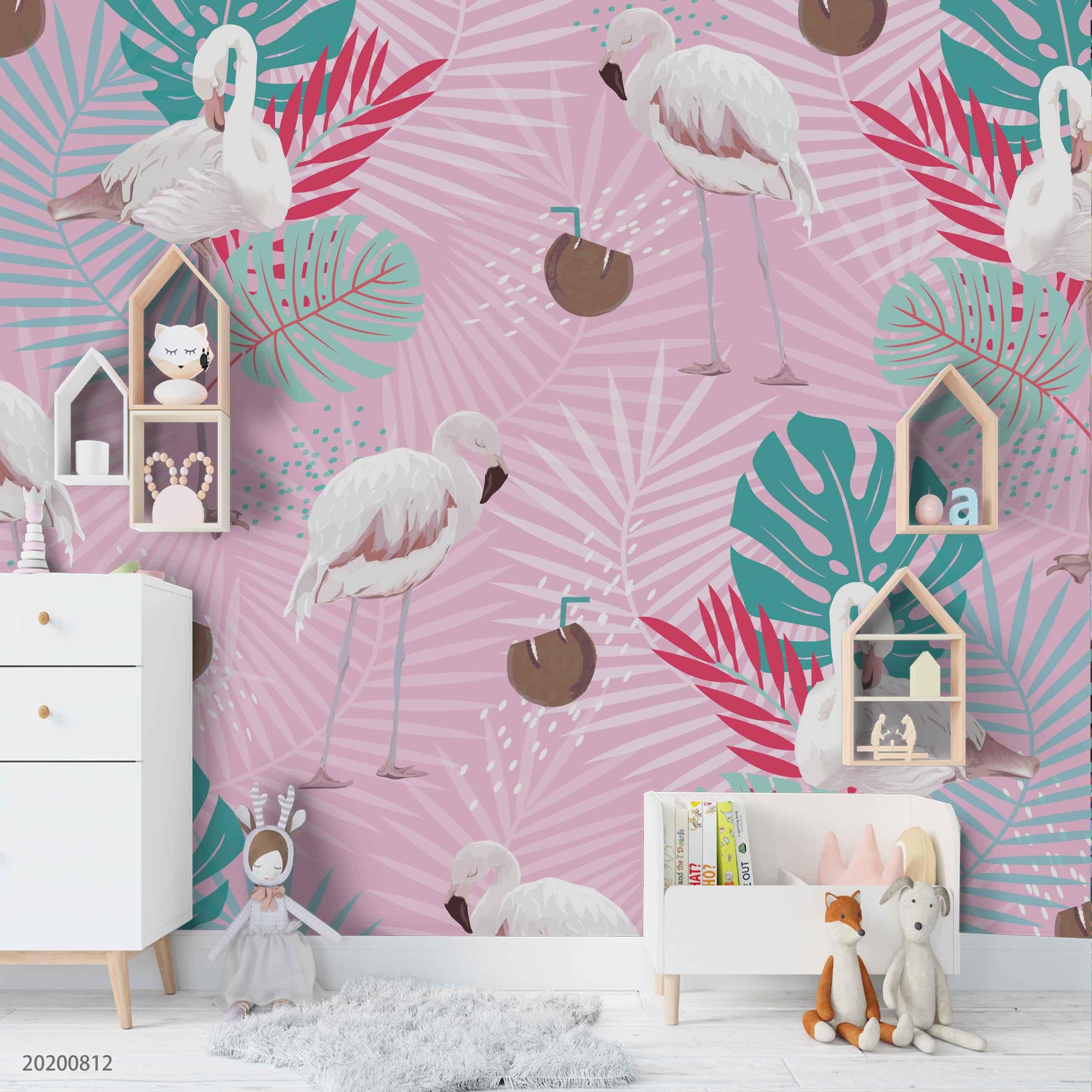 3D Hand Sketching Colorful Leaves Flamingo Wall Mural Wallpaper LXL 1103- Jess Art Decoration