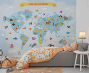 3D Map World Cartoon Animal Wall Mural Wallpaper SWW4485- Jess Art Decoration