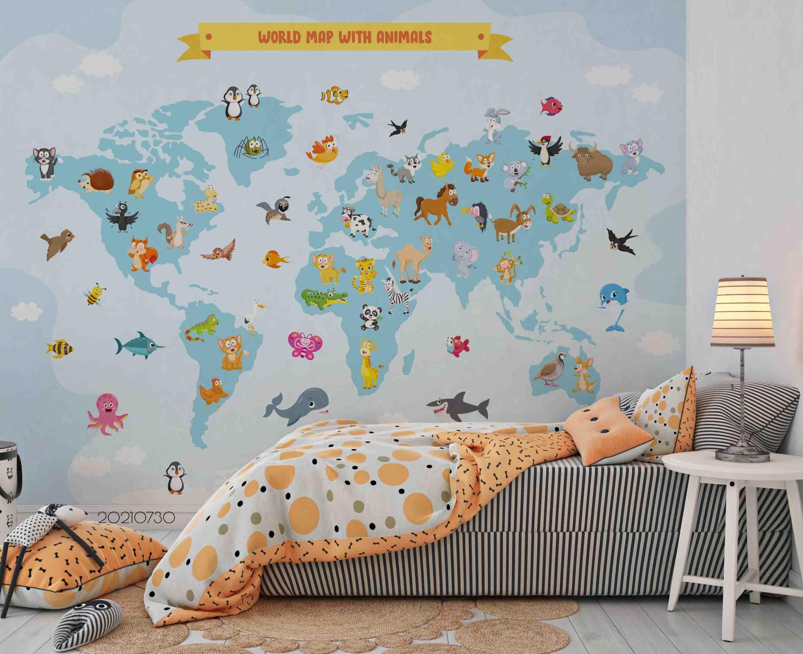 3D Map World Cartoon Animal Wall Mural Wallpaper SWW4485- Jess Art Decoration