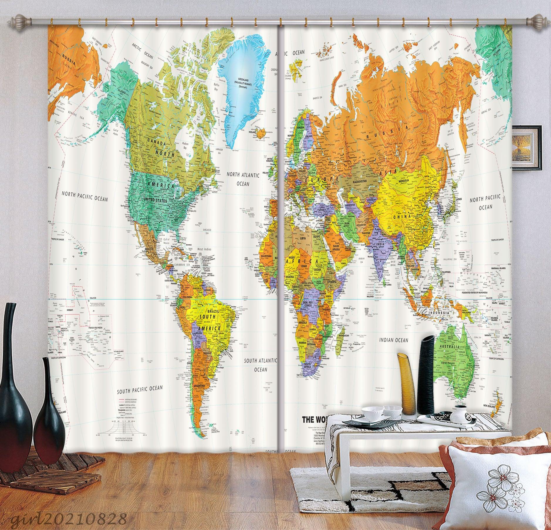 3D Color World Map Curtains and Drapes LQH 97- Jess Art Decoration